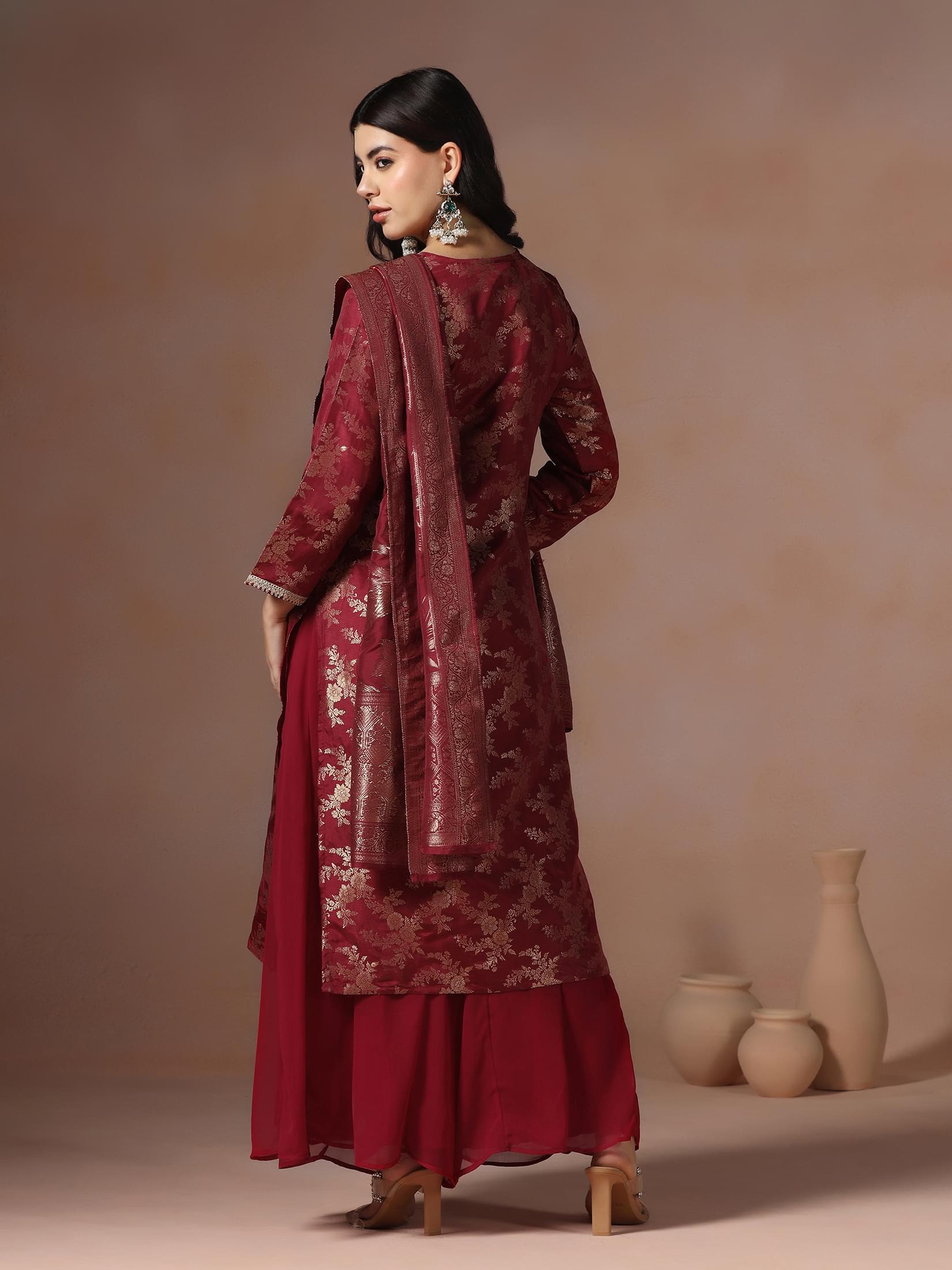Women Silk Jacquard Maroon Woven Kurta Split Pant Dupatta.