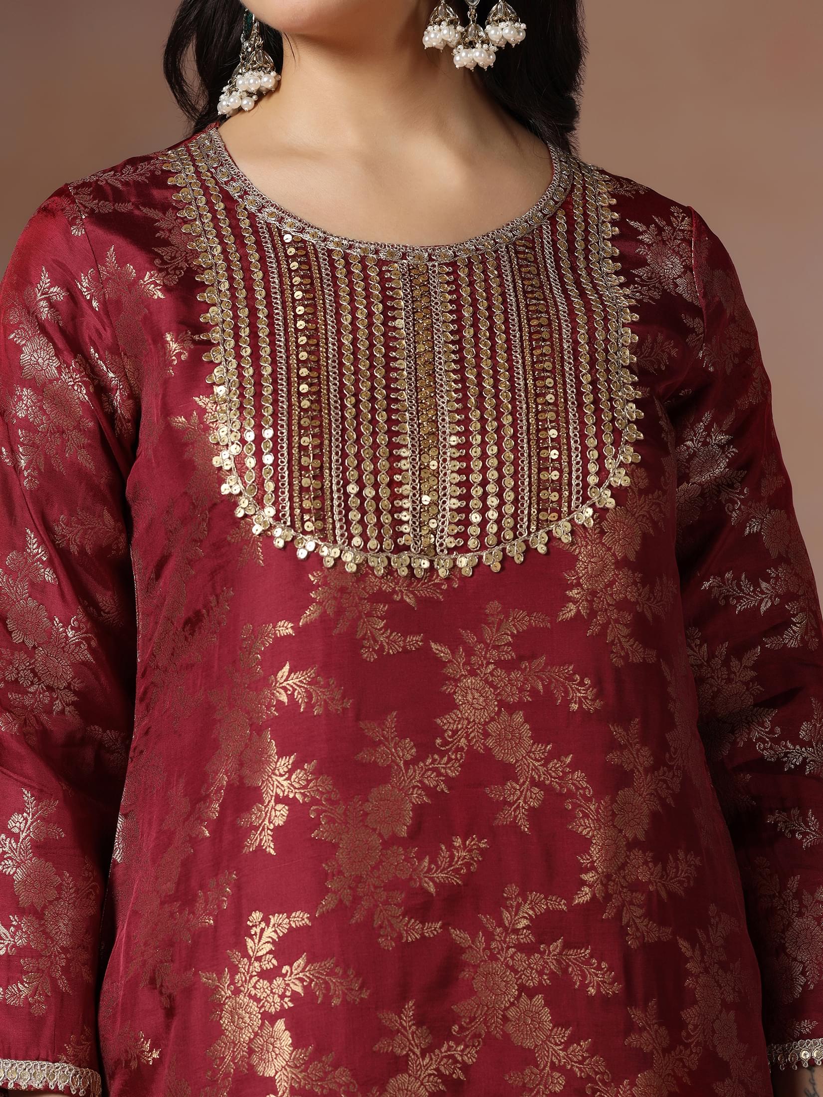 Women Silk Jacquard Maroon Woven Kurta Split Pant Dupatta.