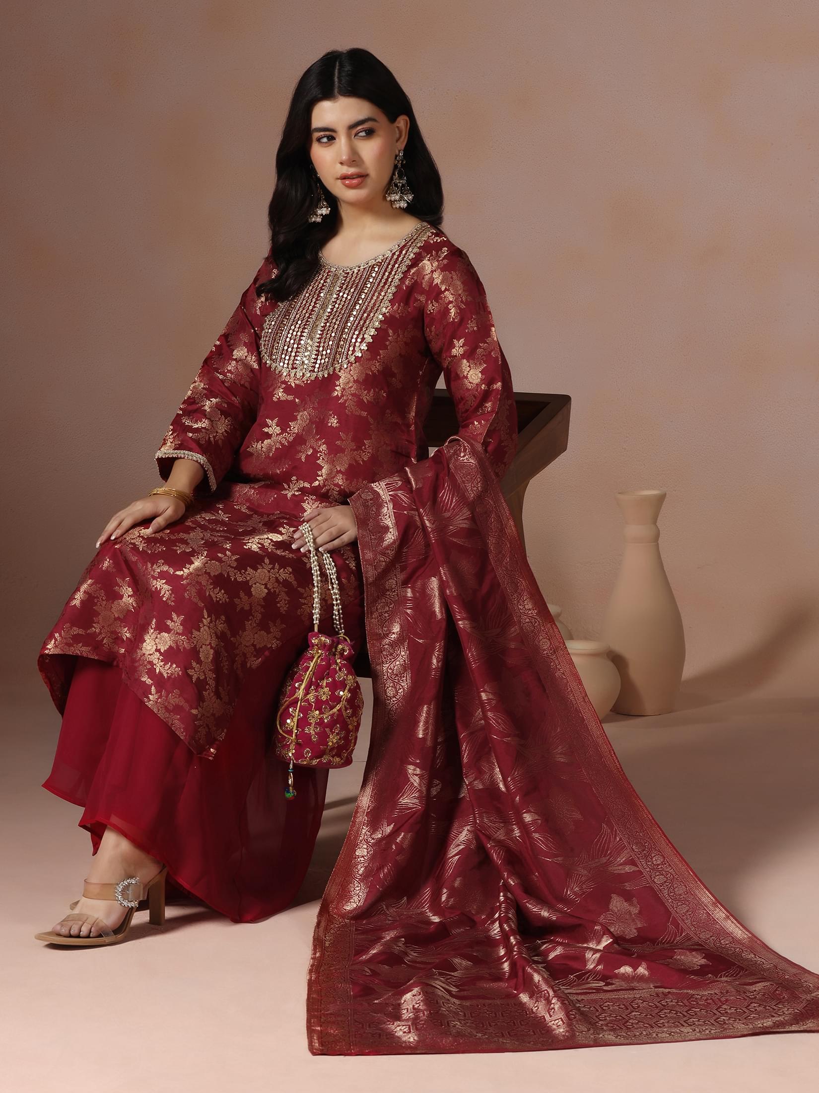 Deep maroon woven jacquard silk kurta with trendy split pants design byshree