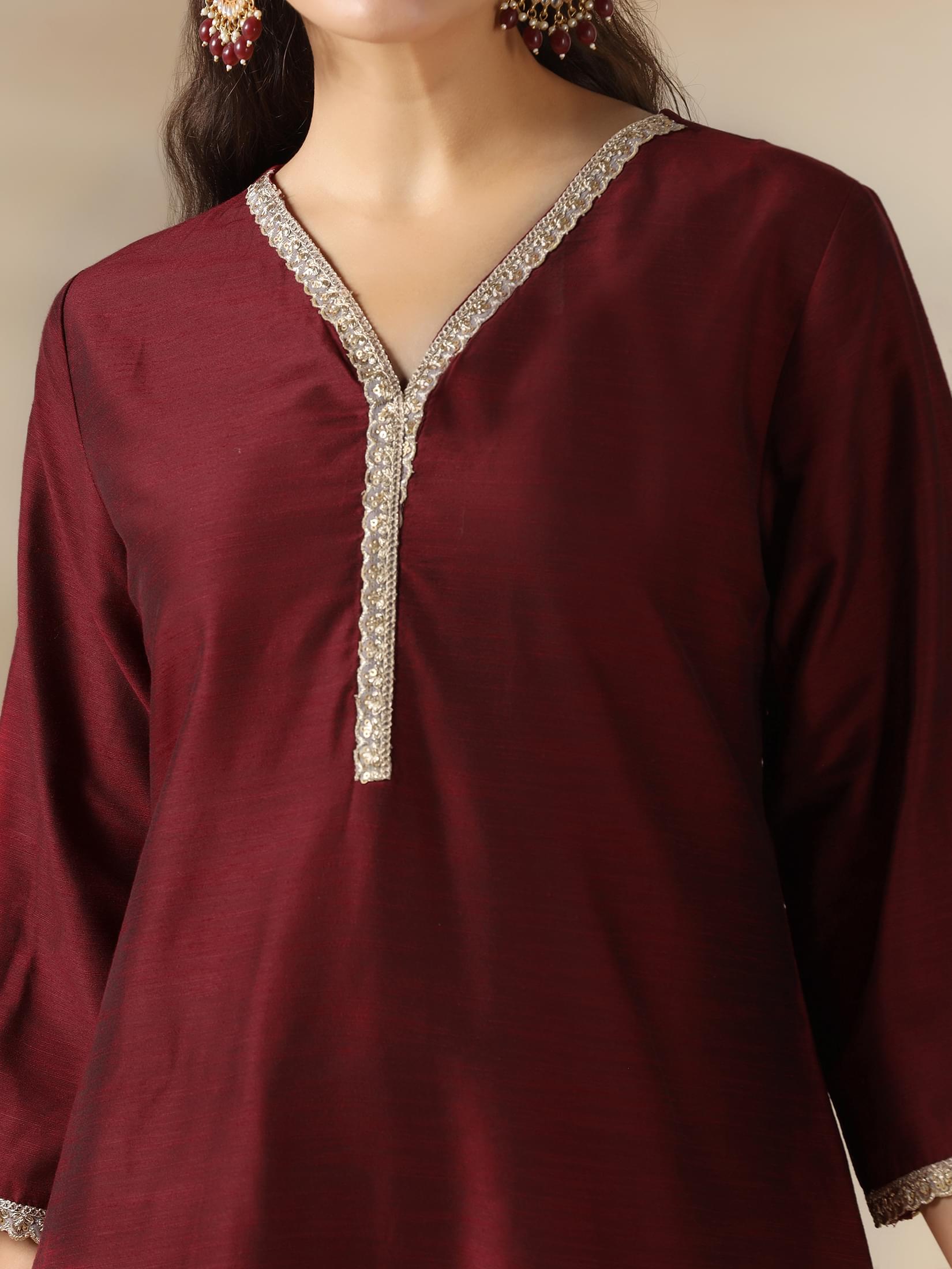 Women Silk Blend Maroon Solid Kurta Comfort Pant Dupatta.