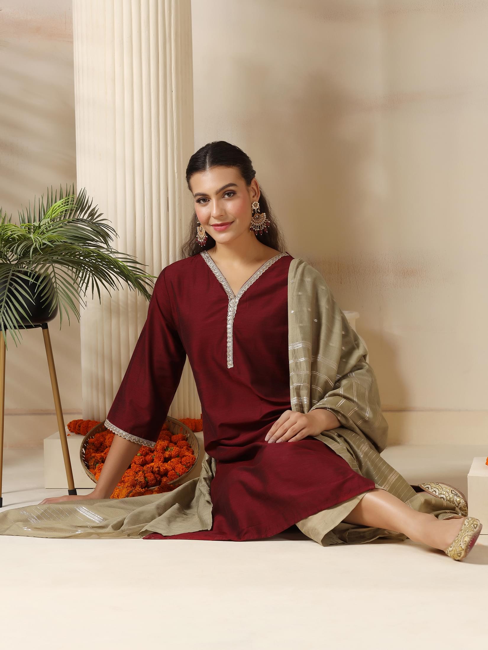 Rich maroon solid tone silk blend regular wear simple straight kurta set