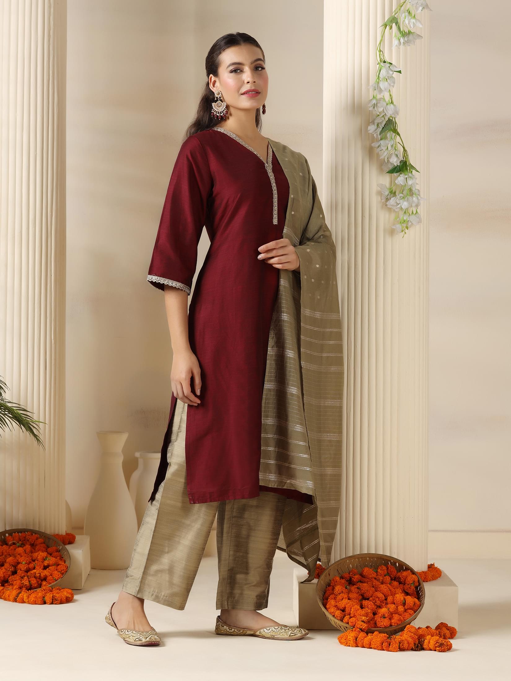 Women Silk Blend Maroon Solid Kurta Comfort Pant Dupatta.