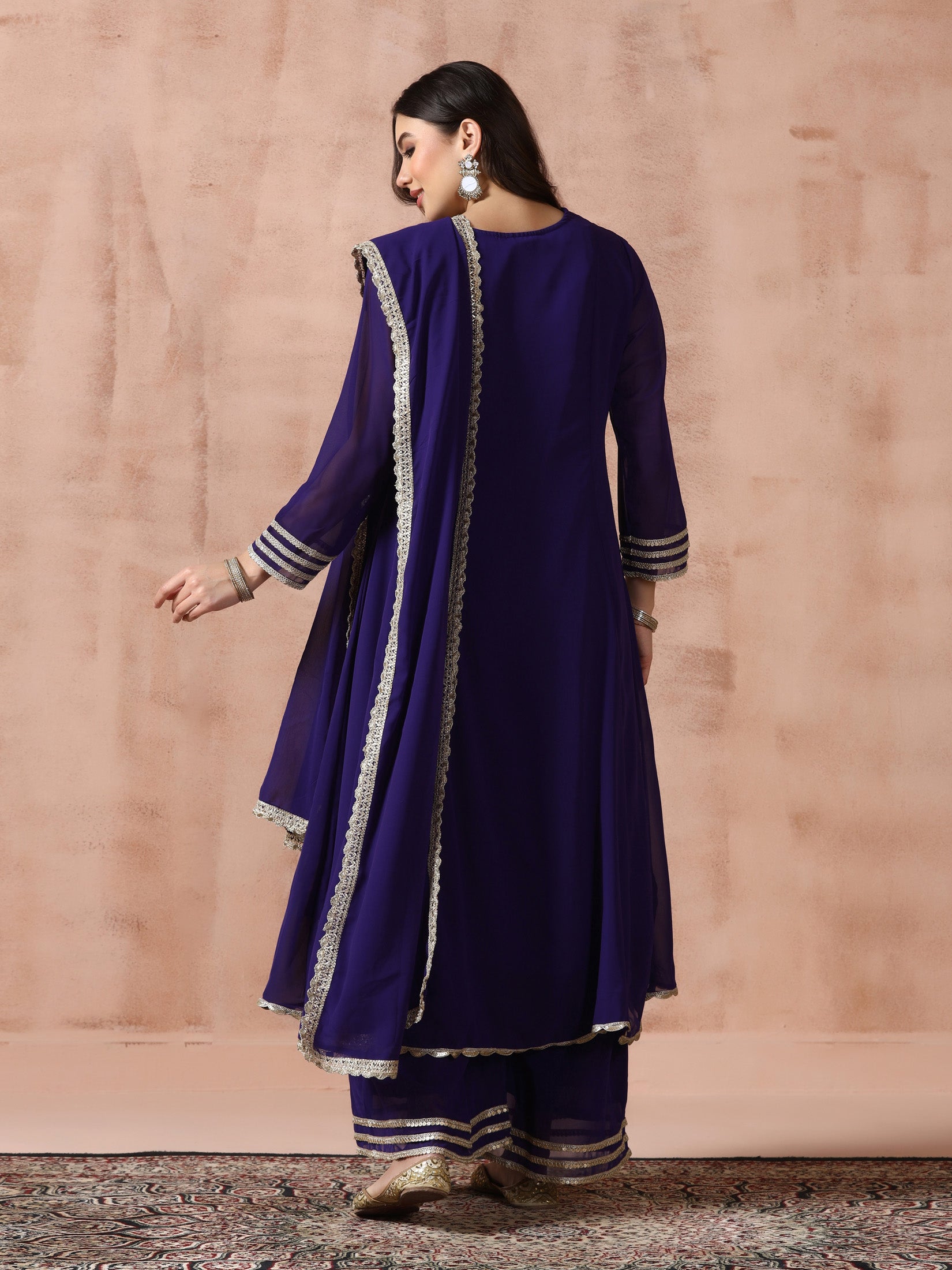 Women Georgette Purple Solid Kurta Wide Leg Pant Dupatta