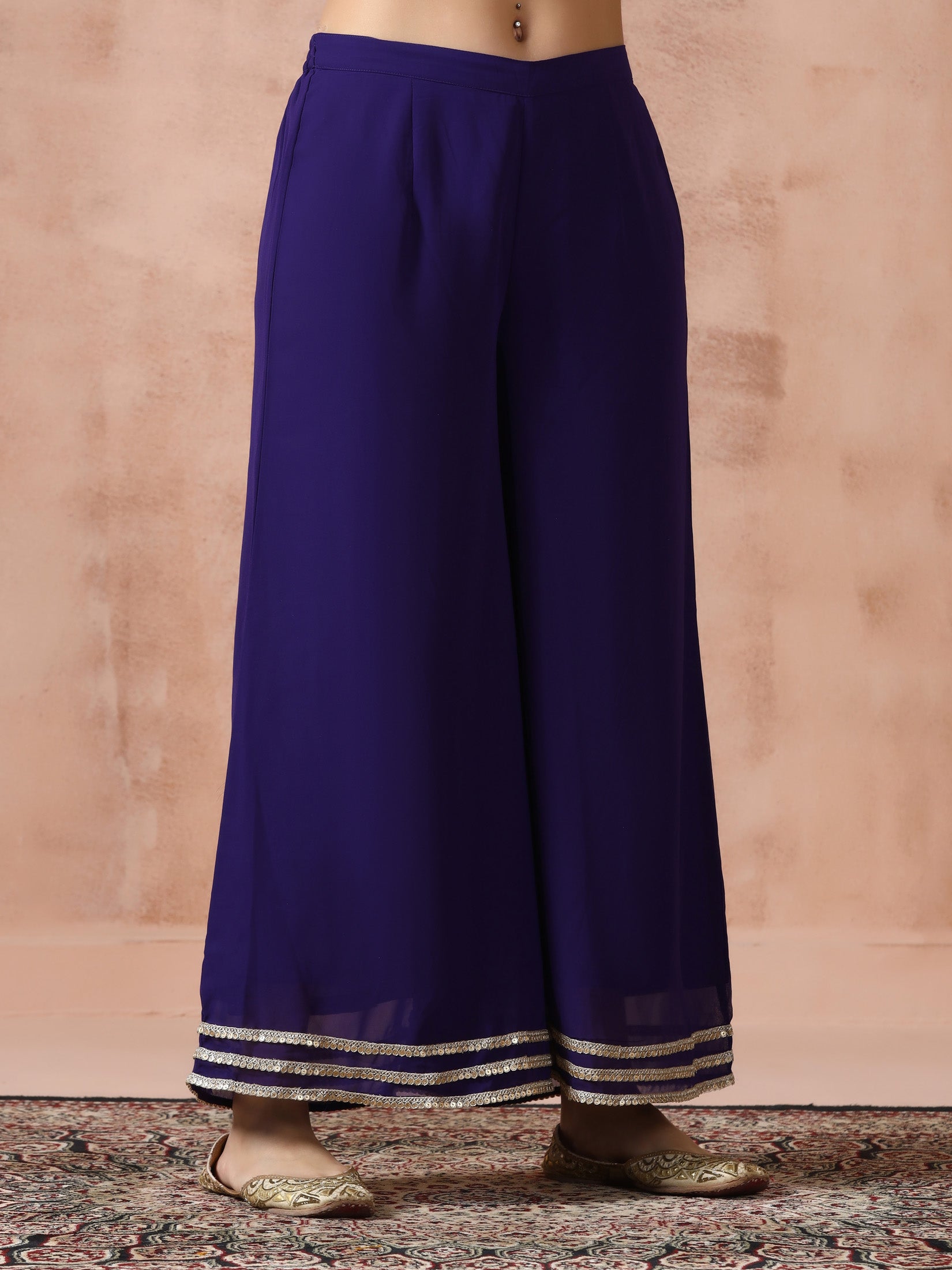 Women Georgette Purple Solid Kurta Wide Leg Pant Dupatta