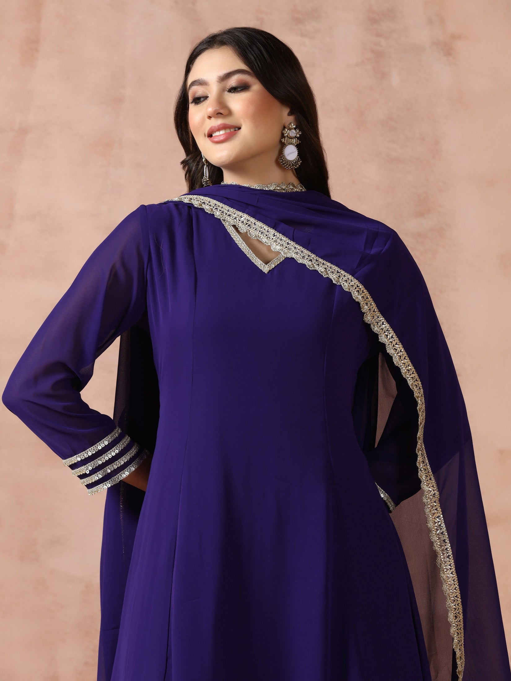 Women Georgette Purple Solid Kurta Wide Leg Pant Dupatta