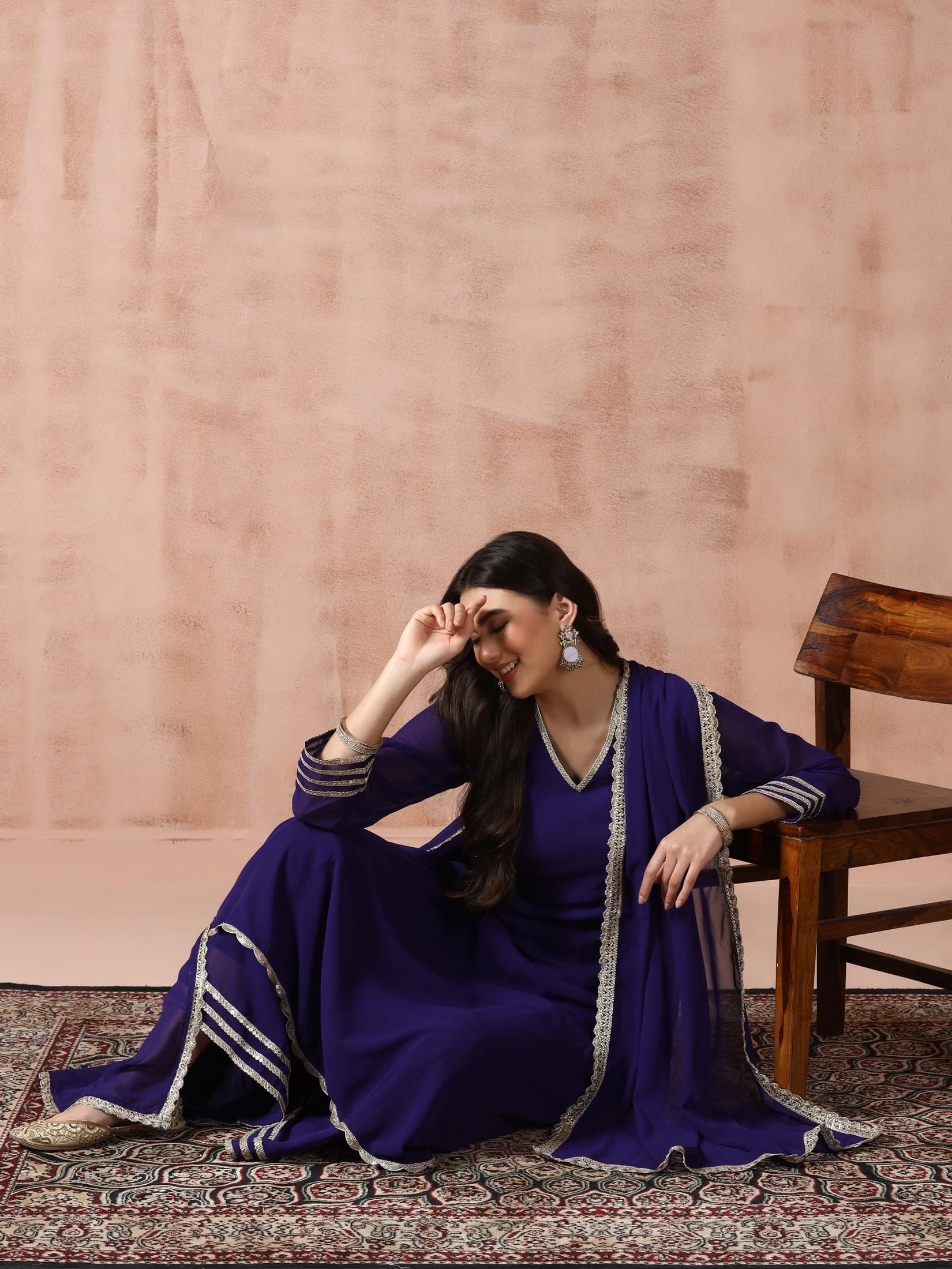 Deep purple solid georgette festival style kurta with wide leg trousers