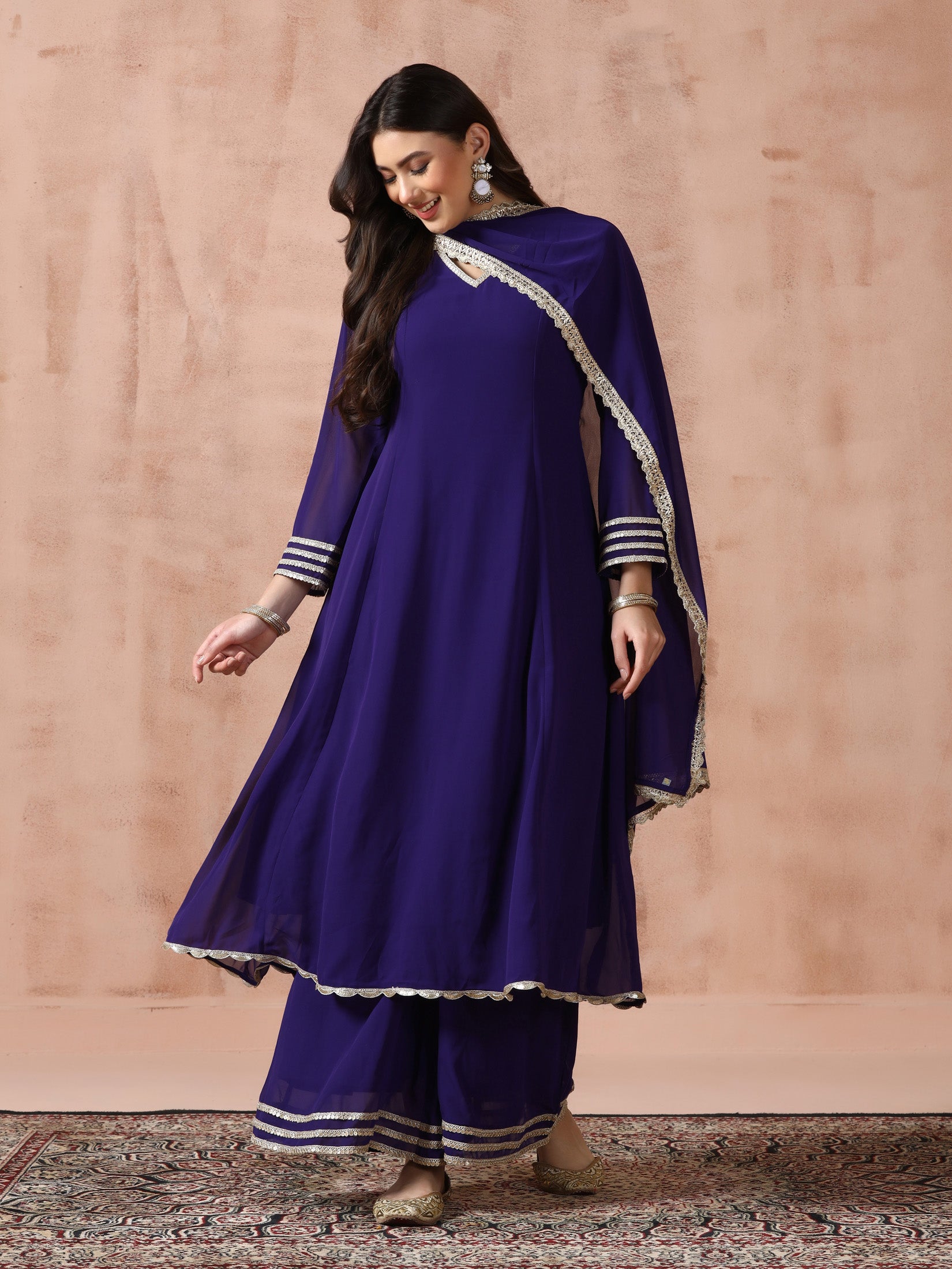 Women Georgette Purple Solid Kurta Wide Leg Pant Dupatta