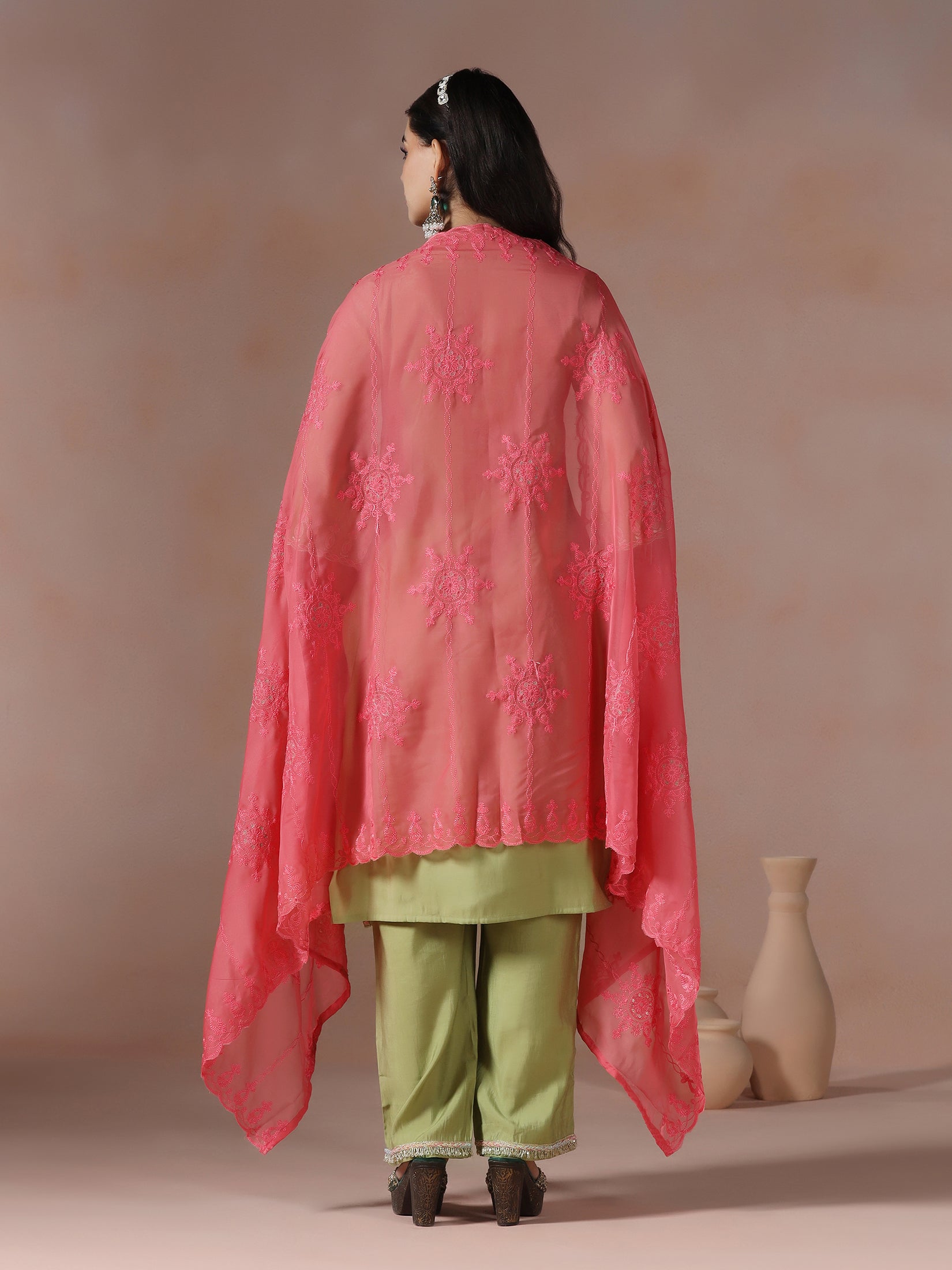 Women Chanderi Green Embroidered Kurta Comfort Pant Dupatta
