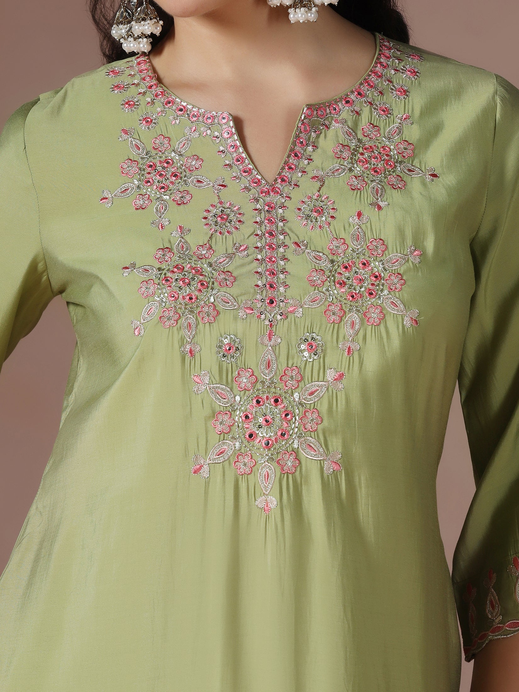 Women Chanderi Green Embroidered Kurta Comfort Pant Dupatta