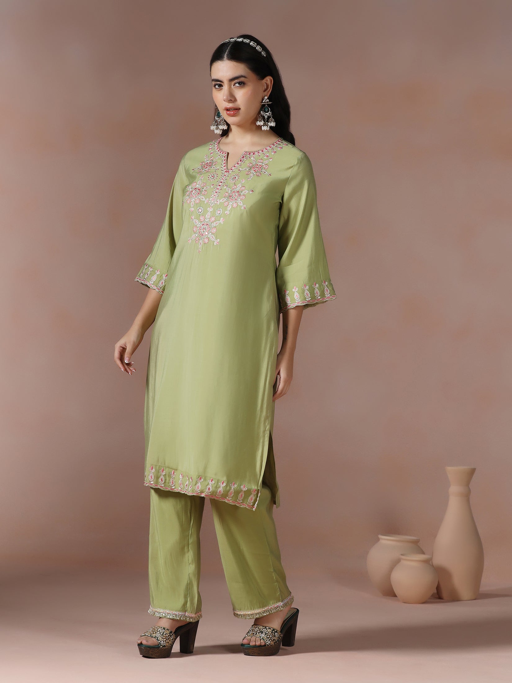 Women Chanderi Green Embroidered Kurta Comfort Pant Dupatta