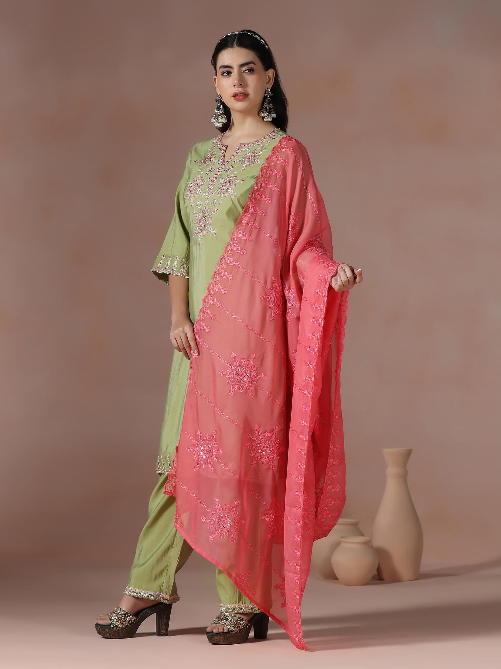 Women Chanderi Green Embroidered Kurta Comfort Pant Dupatta.