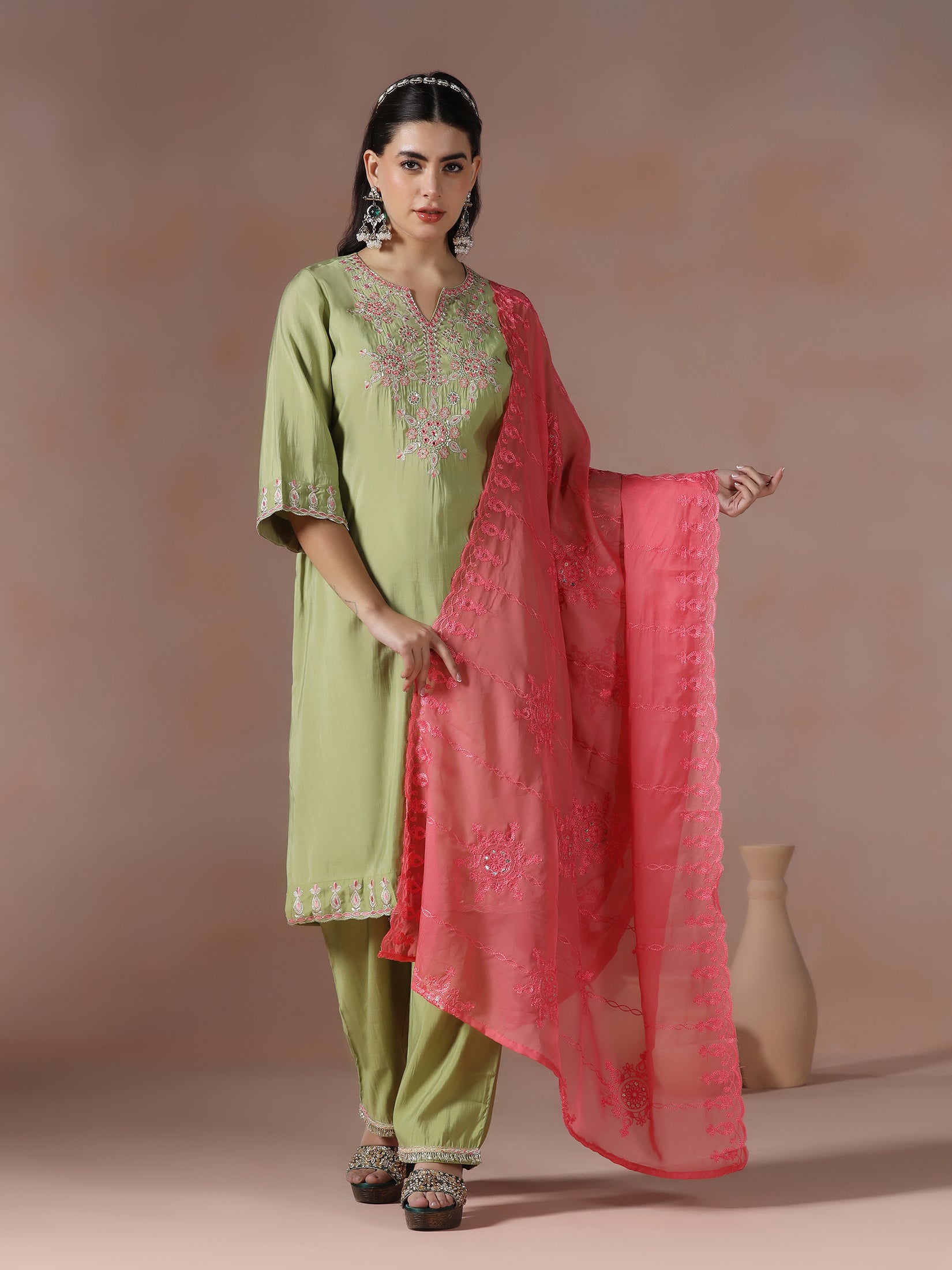 Women Chanderi Green Embroidered Kurta Comfort Pant Dupatta