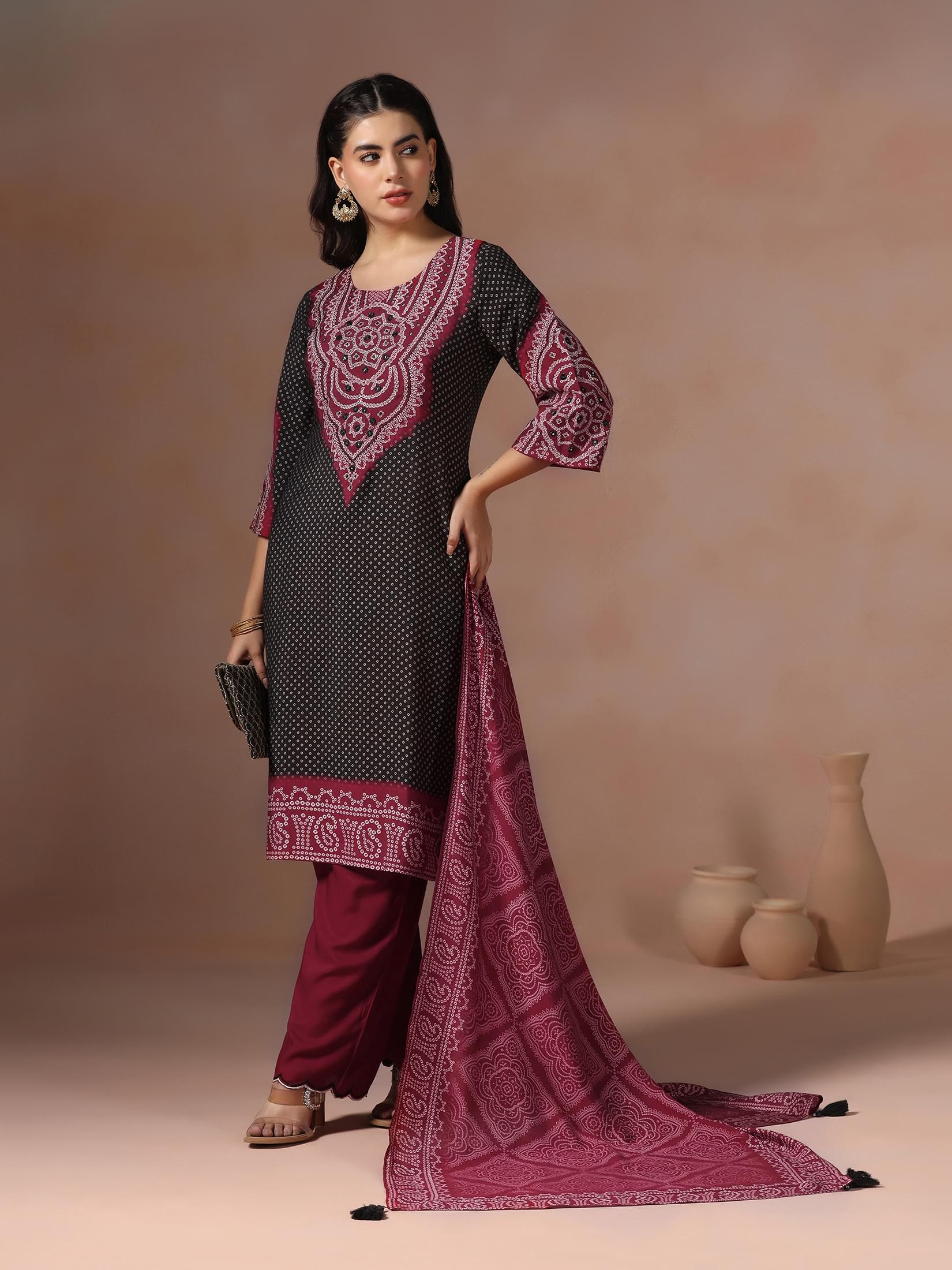 Jet black authentic Bandhani print embroidered Chanderi traditional suit set