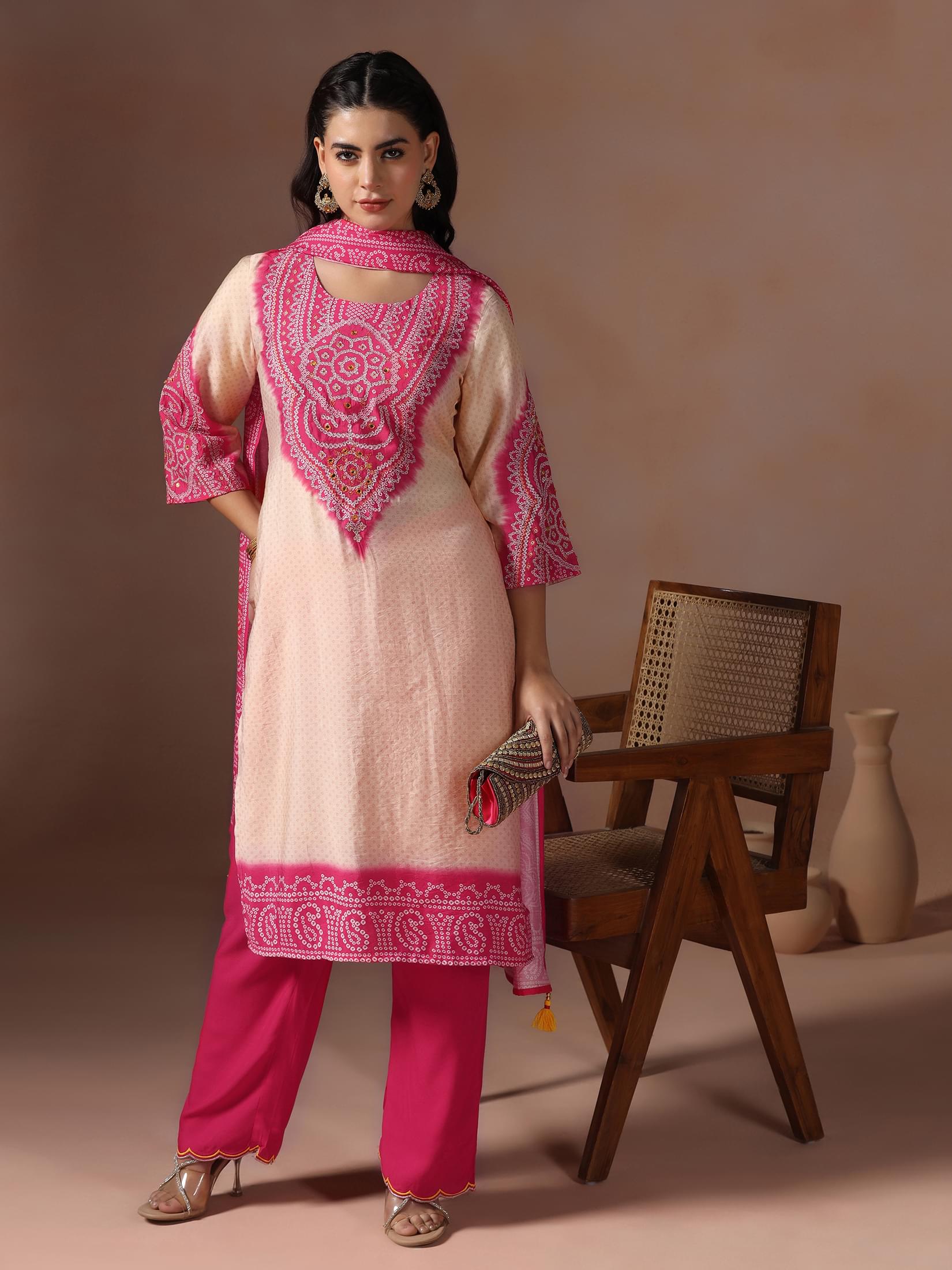 Rose pink traditional Bandhani print detailed embroidery Chanderi suit set