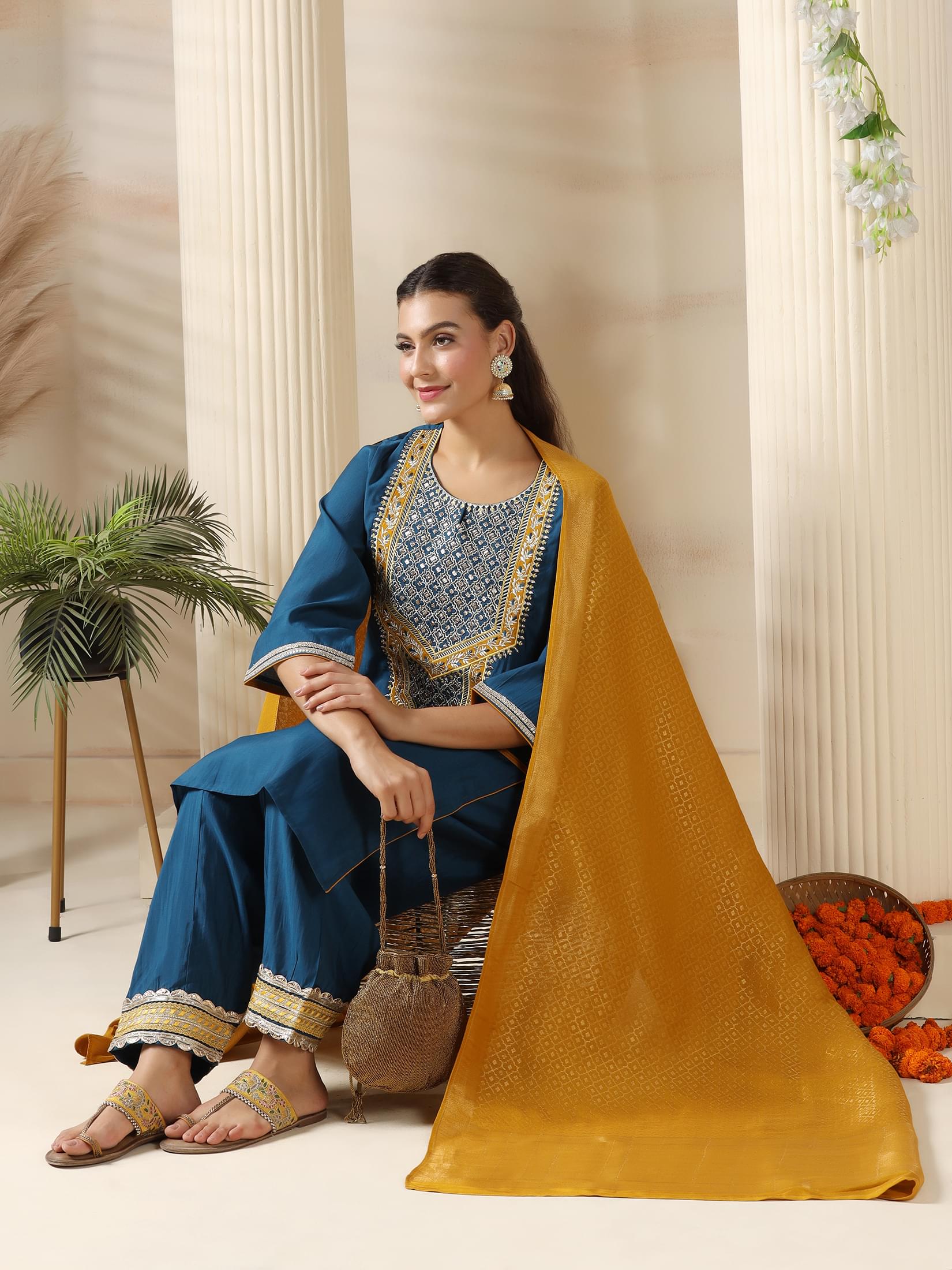 Serene blue embroidered Chanderi silk traditional salwar set with jacquard dupatta