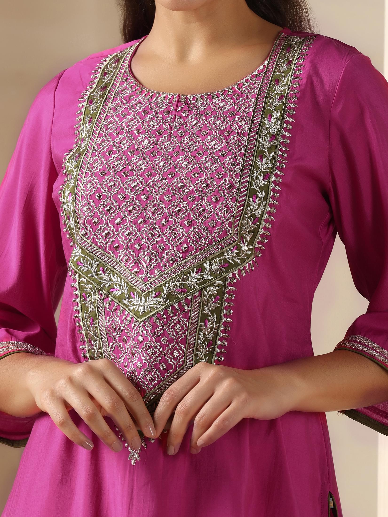Women Chanderi Pink Embroidered Kurta Salwar Jacquard Dupatta.