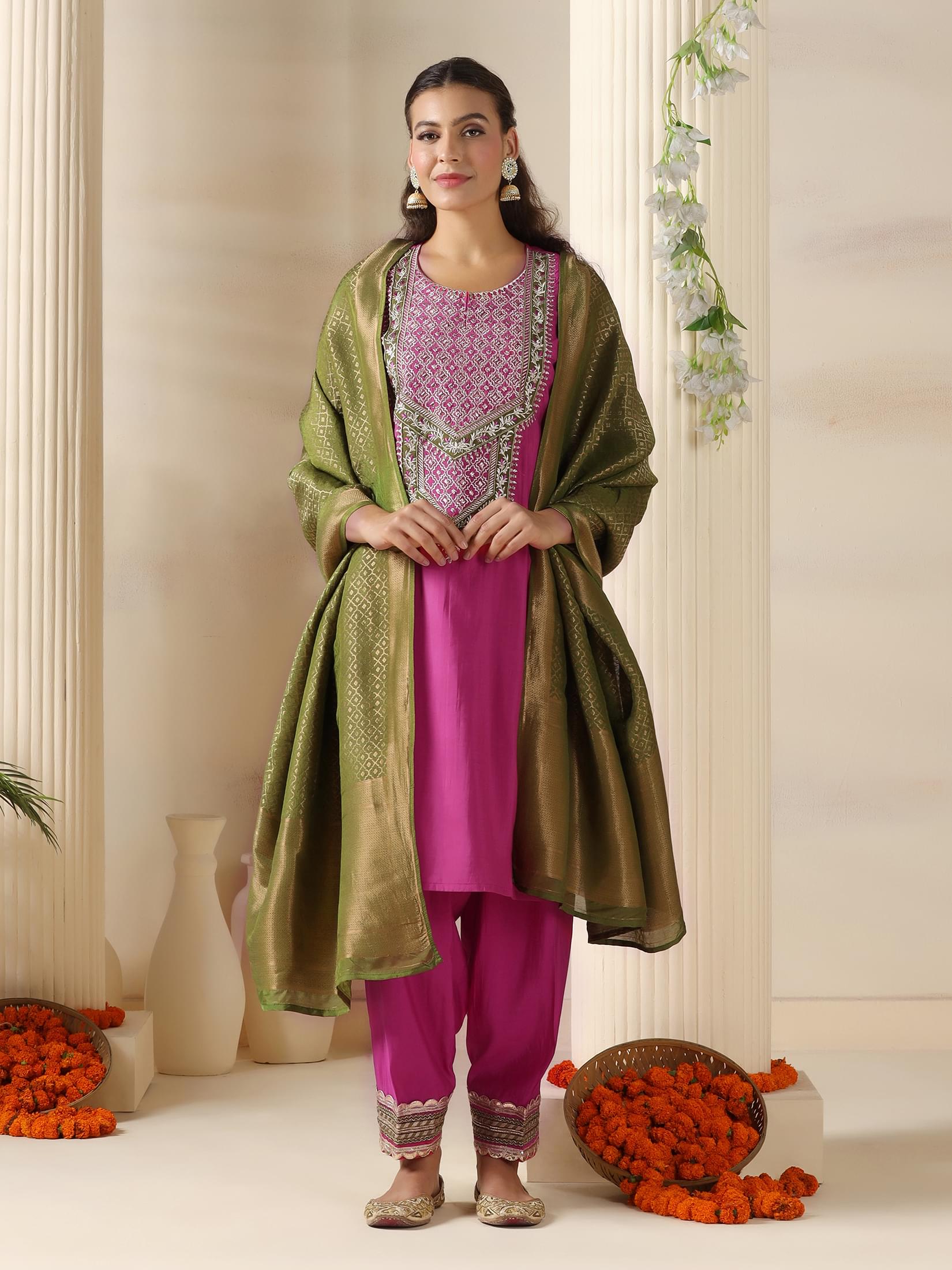 Pastel pink embroidered Chanderi silk classic fit salwar suit set