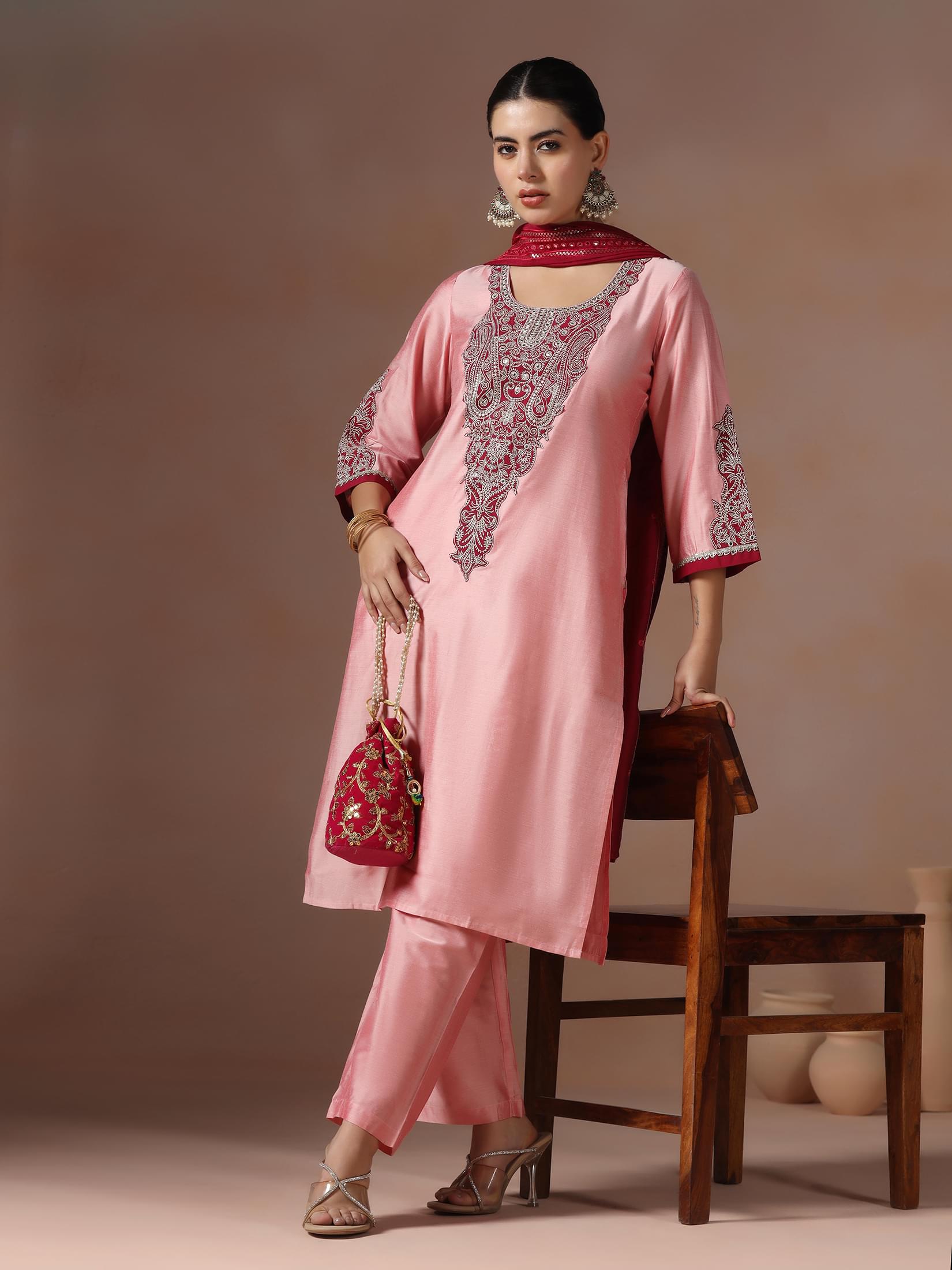 Women Silk Blend Pink Embroidered Kurta Comfort Pant Chanderi Dupatta.
