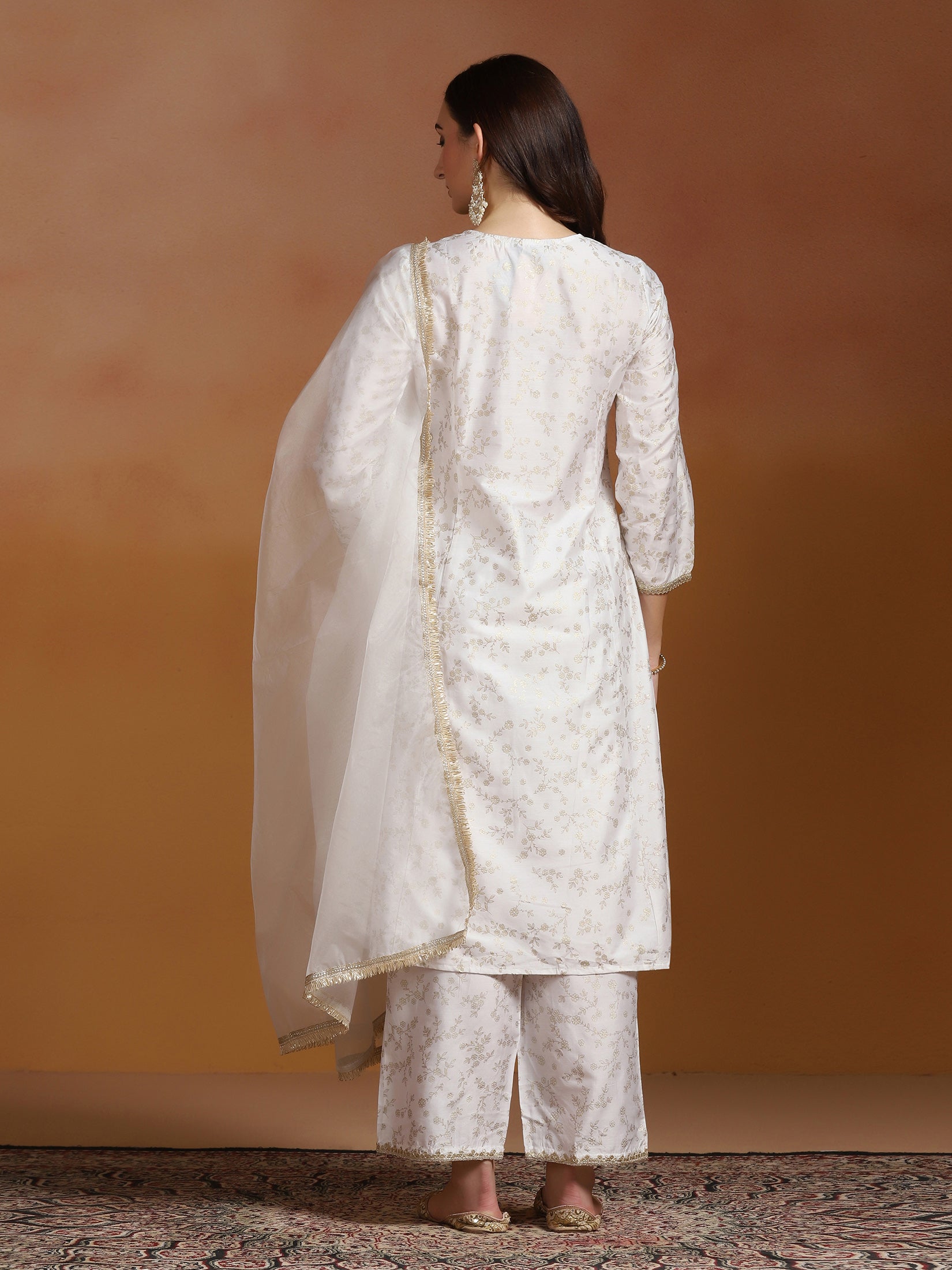 Women Poly Viscose Slub Off White Embroidered Kurta Comfort Pant Dupatta