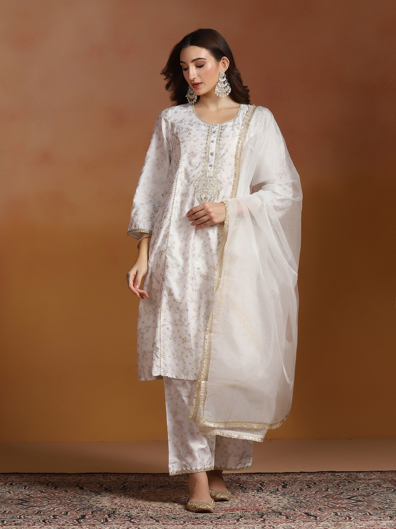 Women Poly Viscose Slub Off White Embroidered Kurta Comfort Pant Dupatta