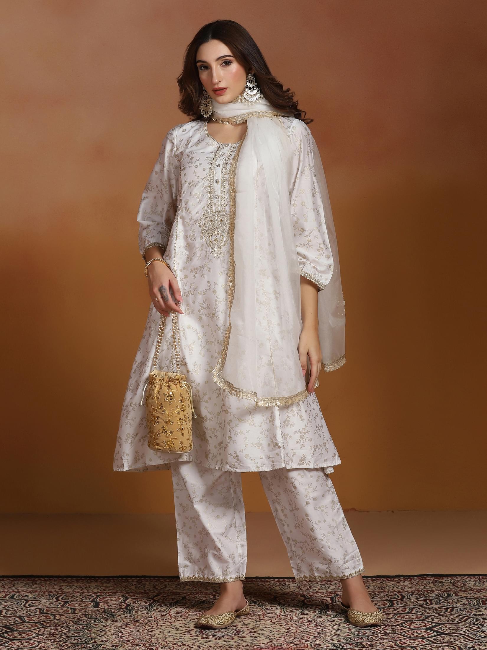 Off white embroidered poly viscose slub fabric festive suit set