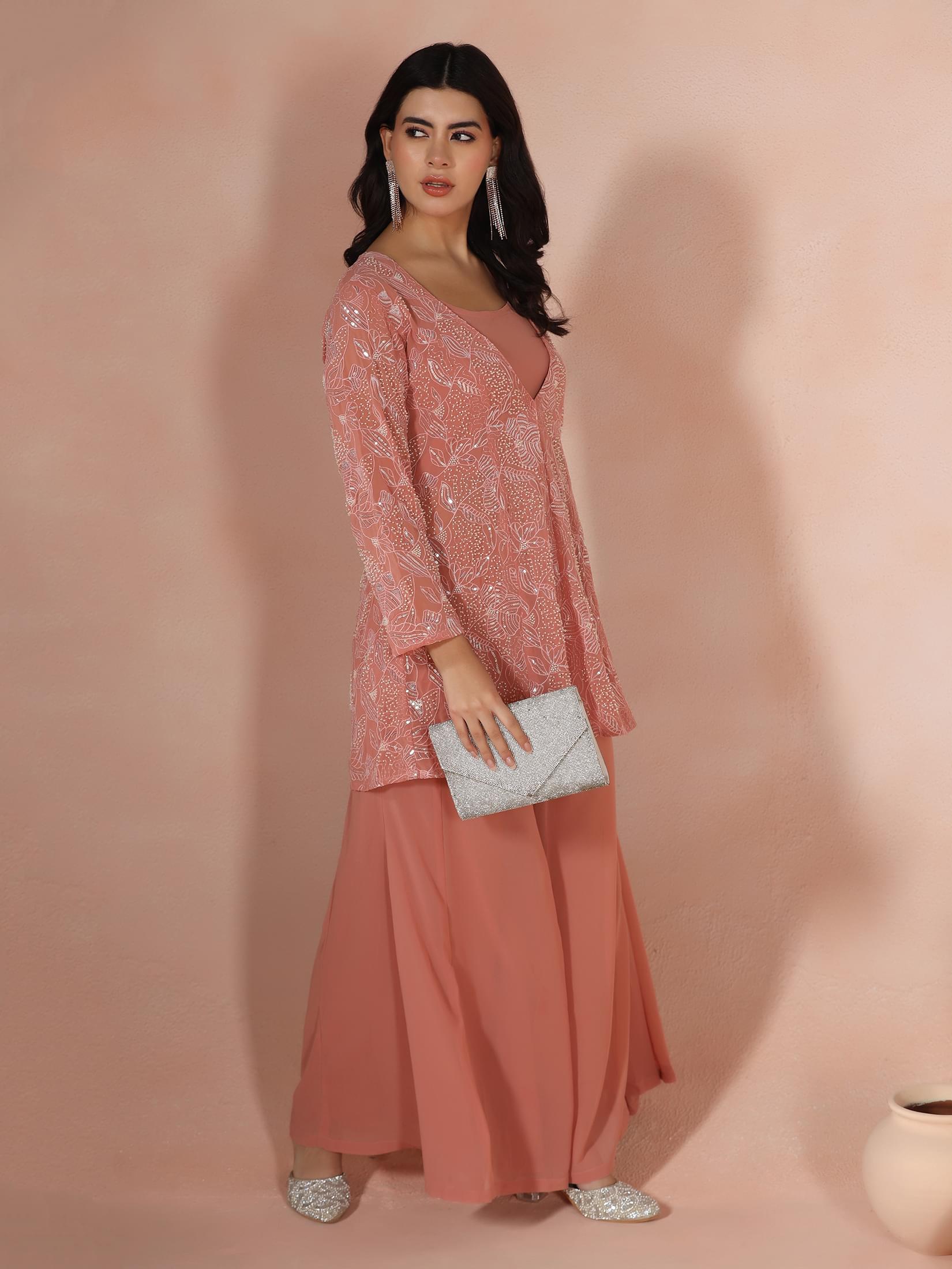 Women Georgette Pink Embroidered Crop Top Jacket Split Pant.