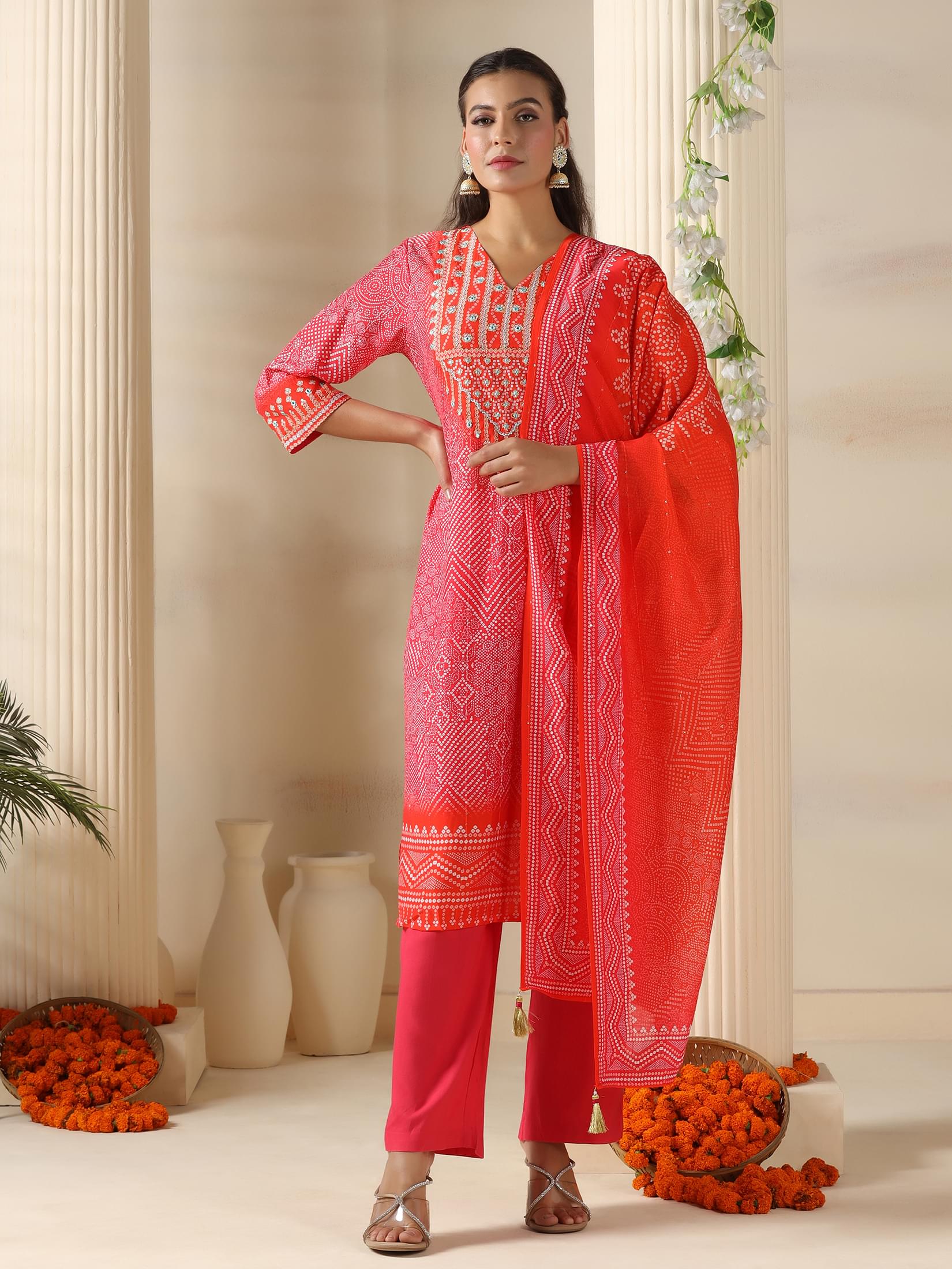 Rose pink authentic Bandhani print embroidered Chanderi traditional trouser suit