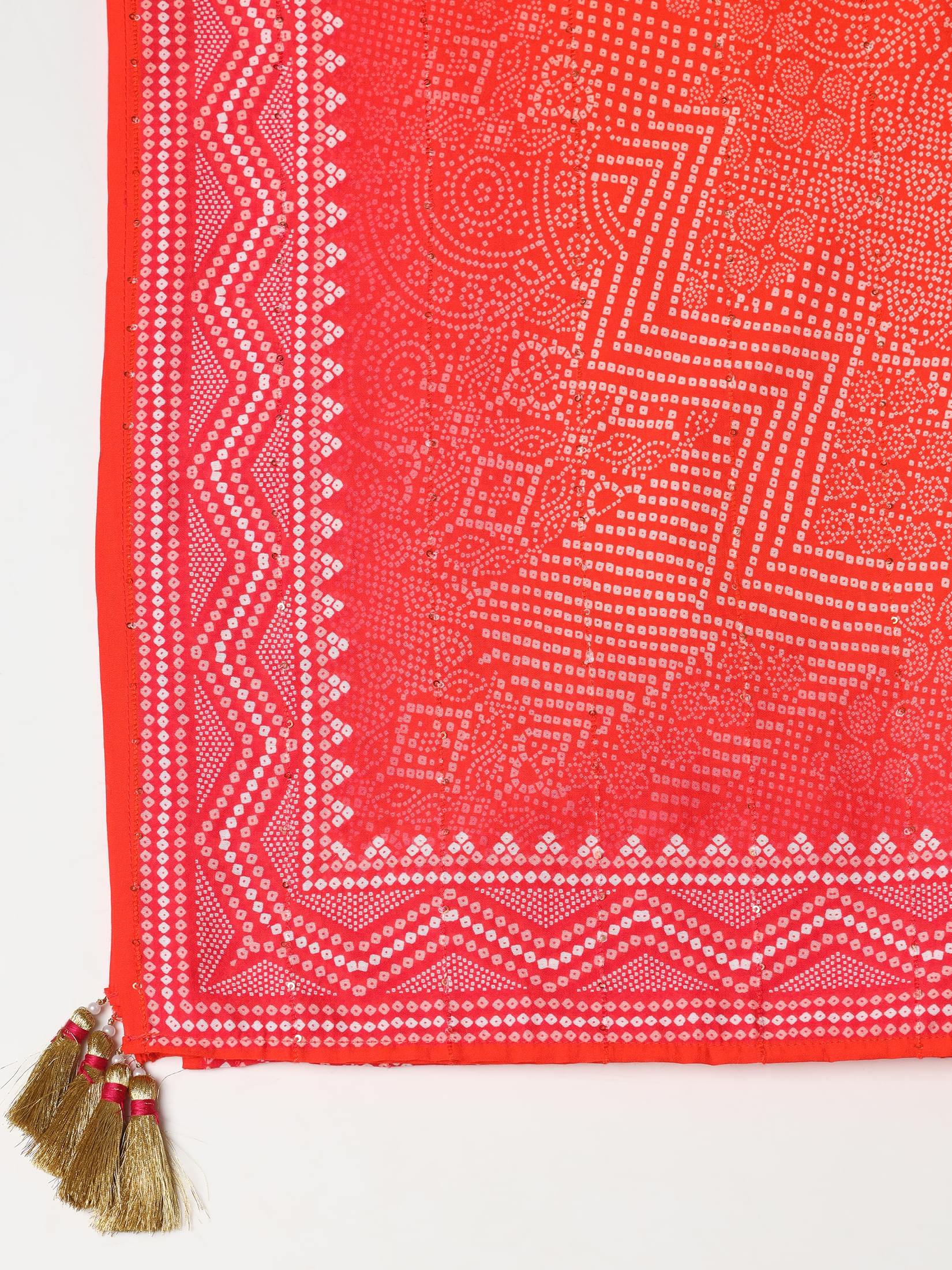 Women Chanderi Pink Bandhani Print embroidered Kurta Comfort Pant Dupatta.