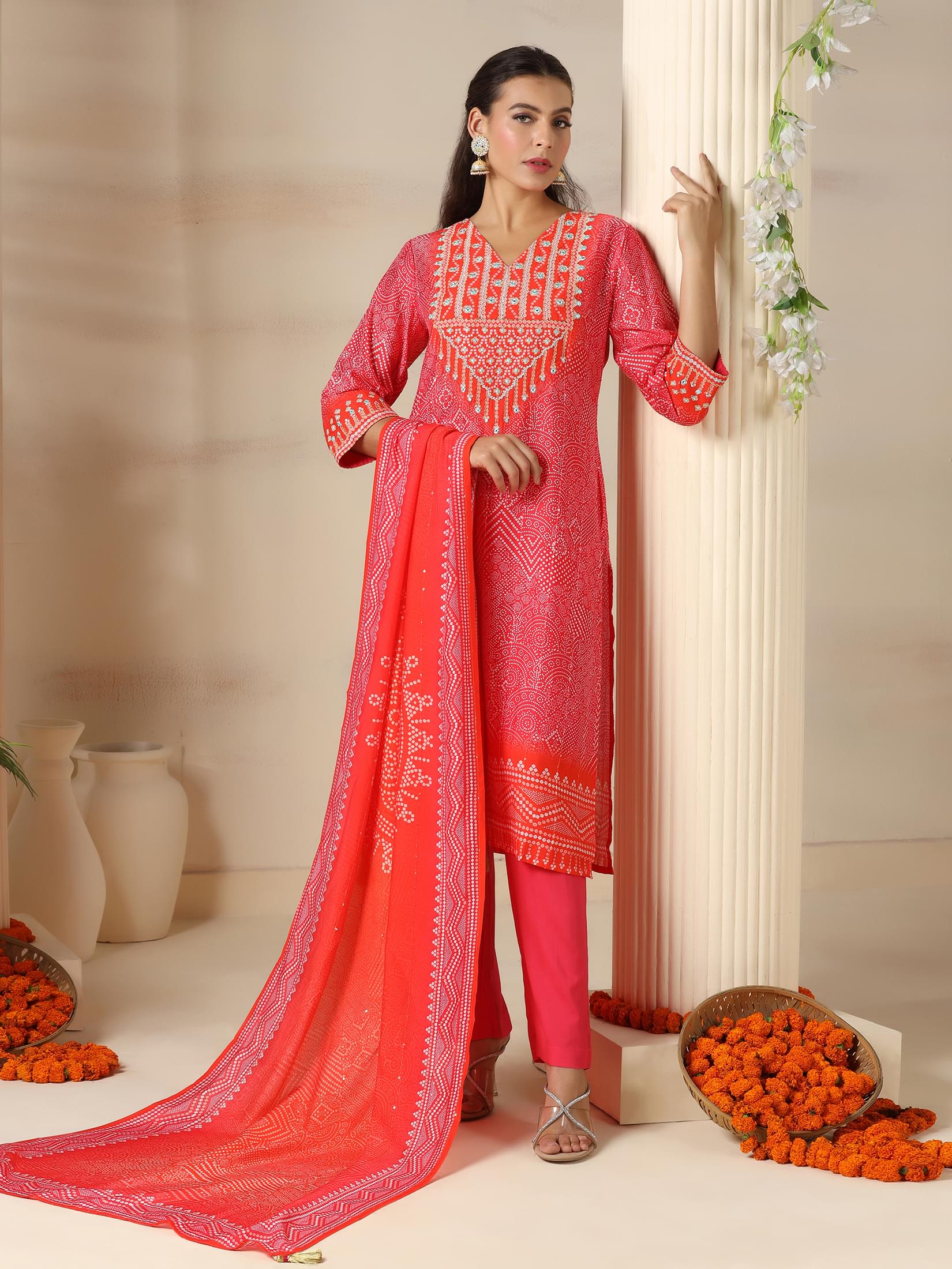 Women Chanderi Pink Bandhani Print embroidered Kurta Comfort Pant Dupatta.