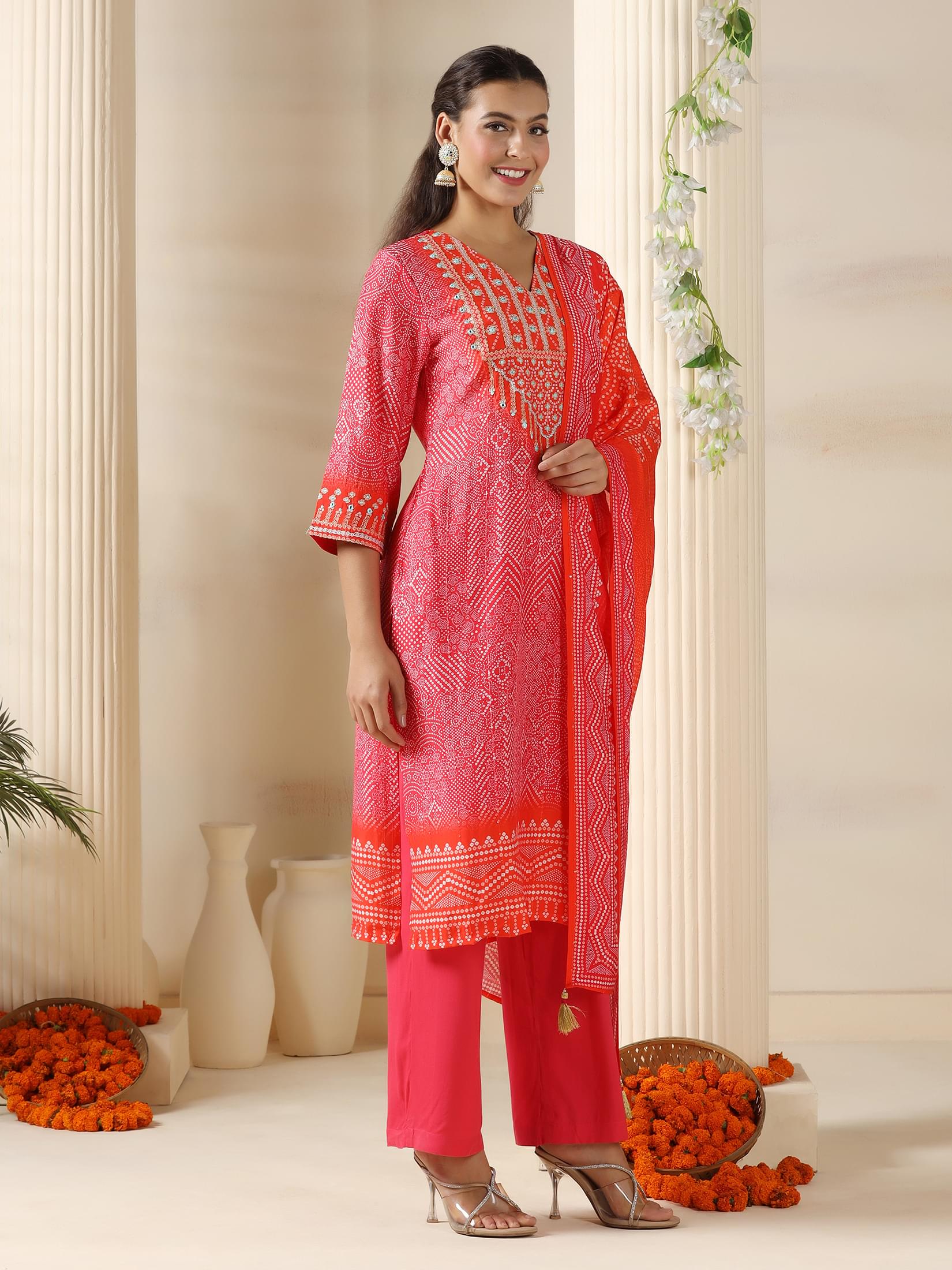 Women Chanderi Pink Bandhani Print embroidered Kurta Comfort Pant Dupatta.