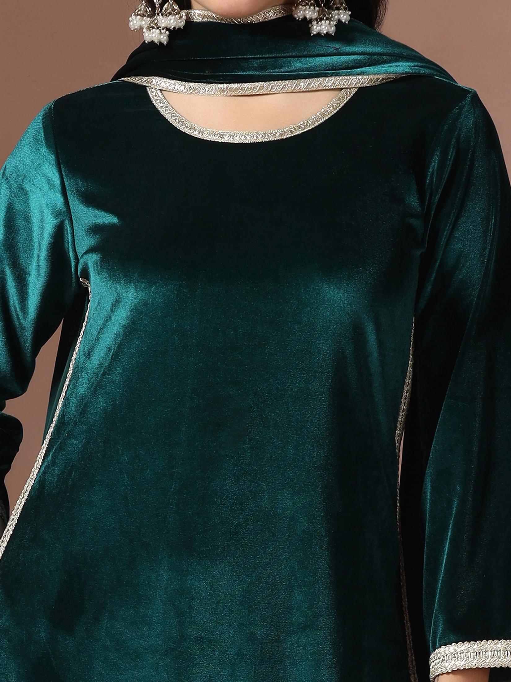 Winter Women Velvet Teal Solid Kurta Comfort Pant Dupatta.