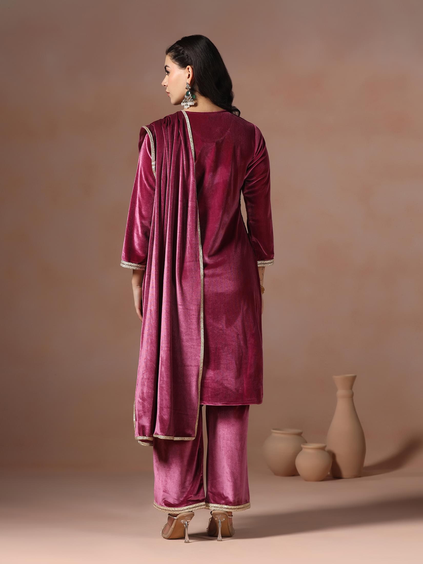 Winter Women Velvet Wine Solid Kurta Comfort Pant Dupatta.