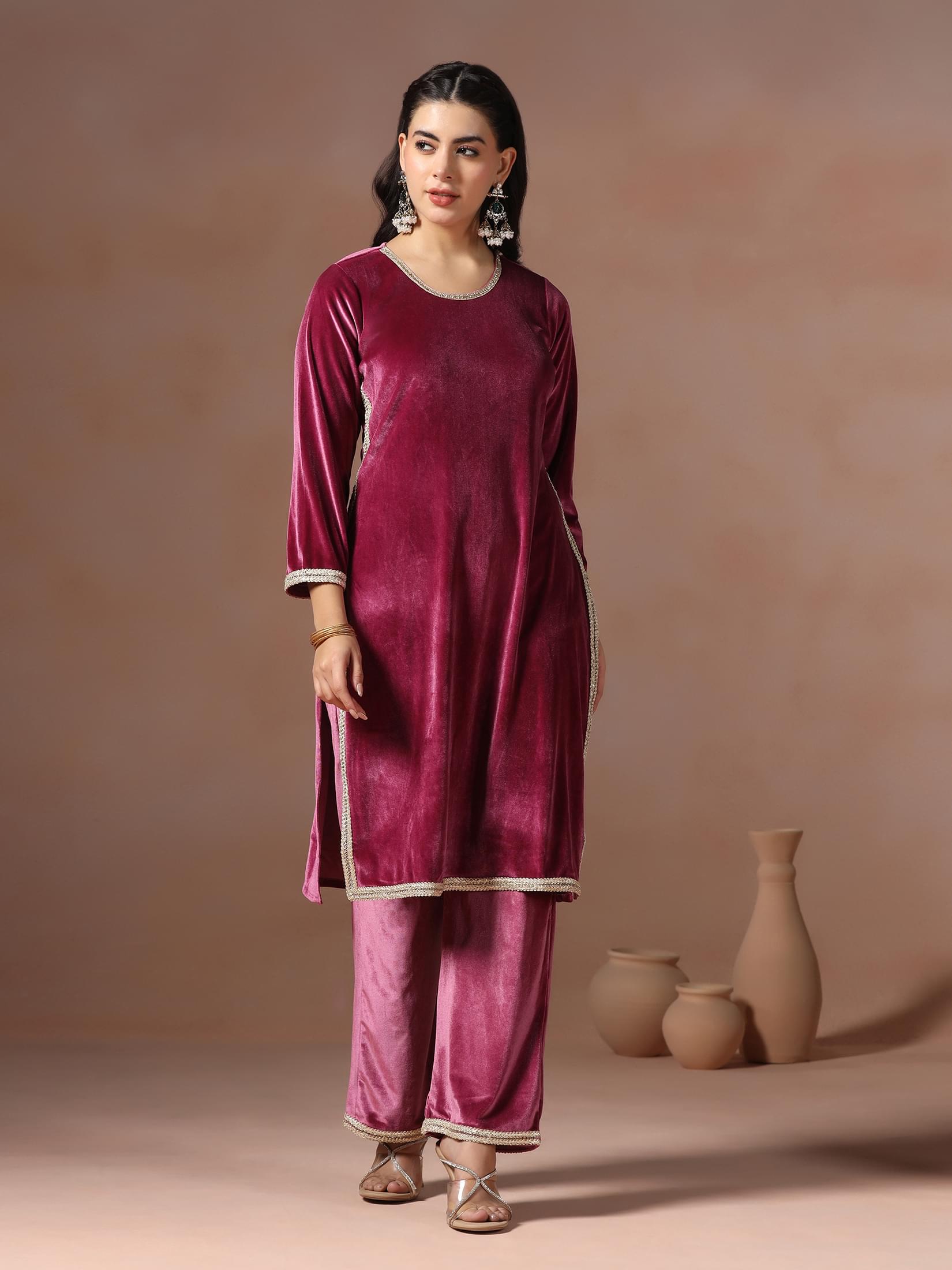 Winter Women Velvet Wine Solid Kurta Comfort Pant Dupatta.