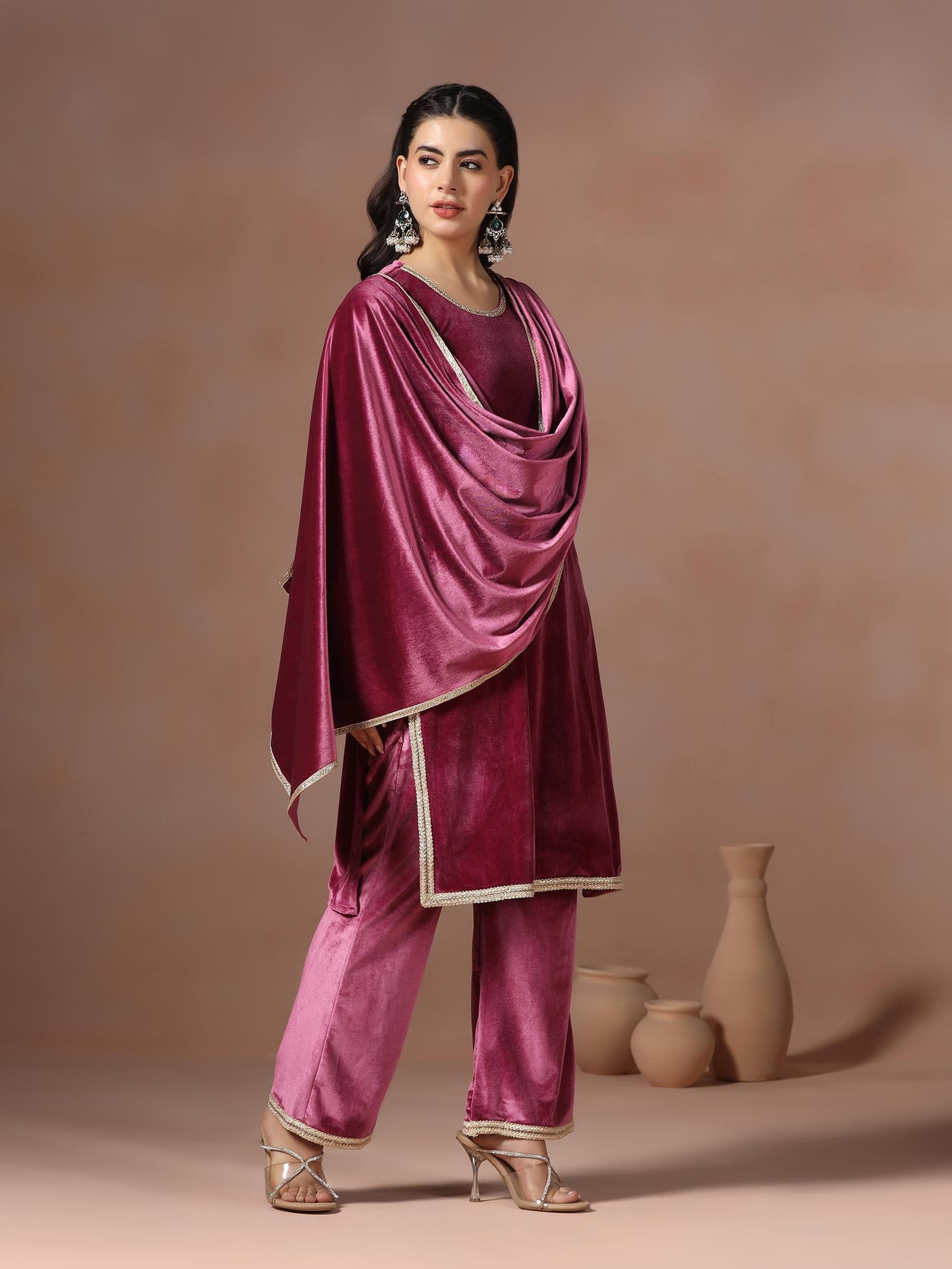 Winter Women Velvet Wine Solid Kurta Comfort Pant Dupatta.