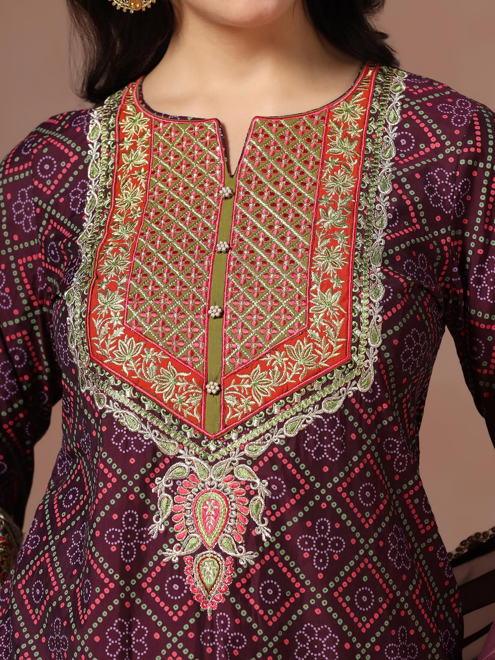 Women Chanderi Purple Bandhani Print Embroidered Kurta Comfort Pant Dupatta.
