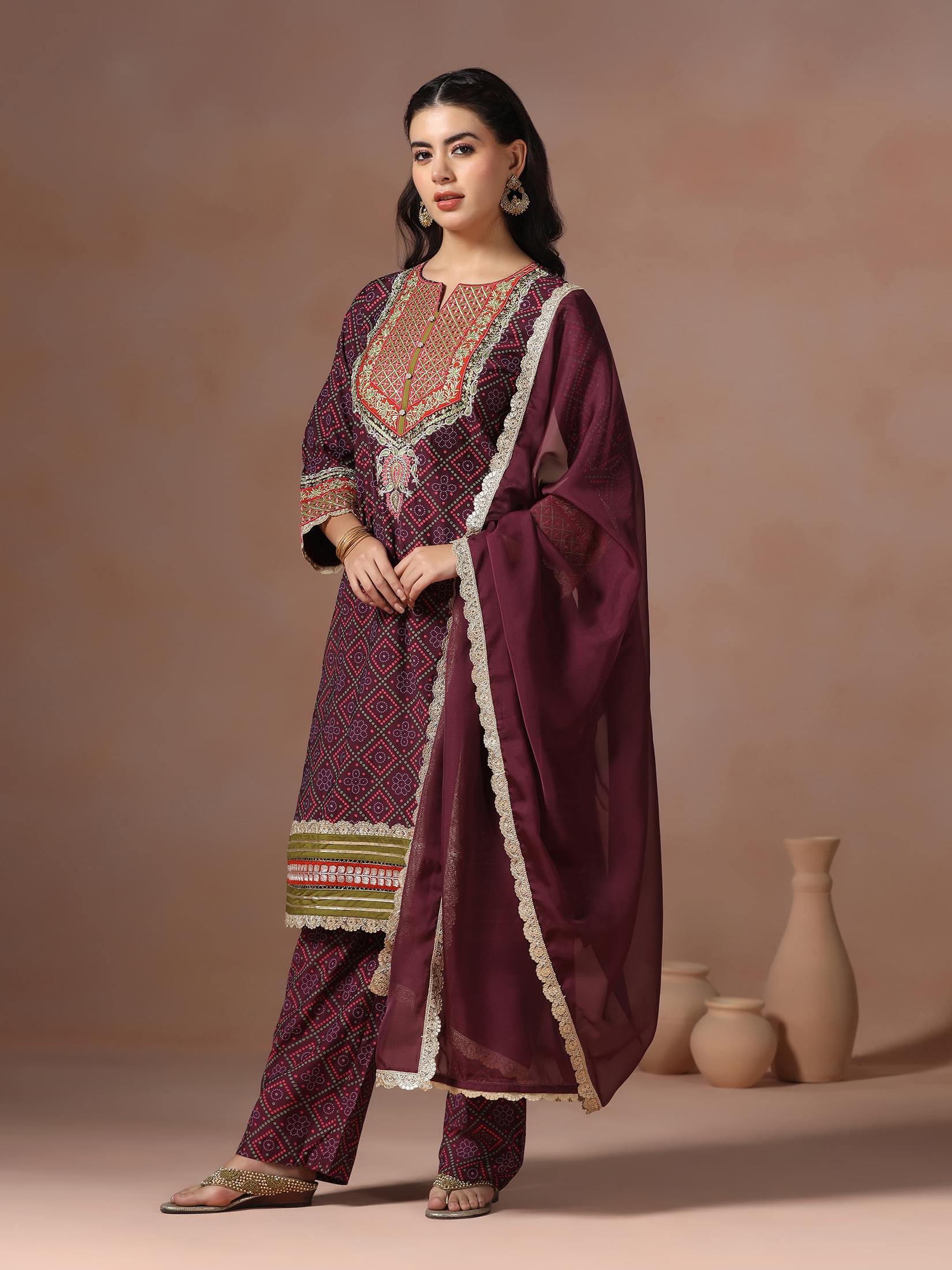 Women Chanderi Purple Bandhani Print Embroidered Kurta Comfort Pant Dupatta.