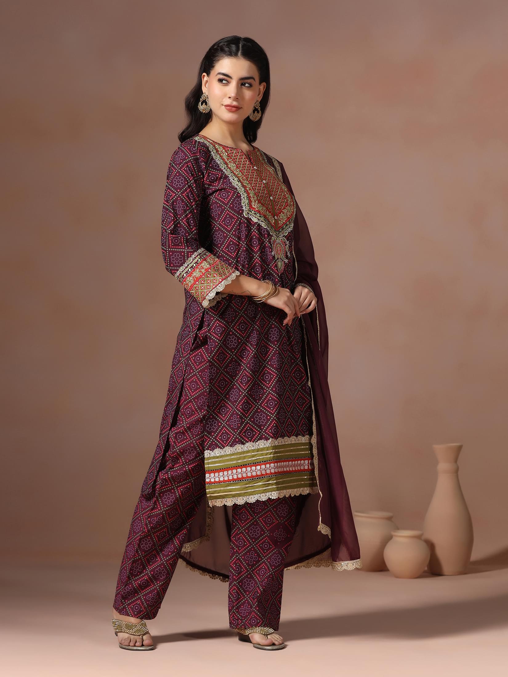 Women Chanderi Purple Bandhani Print Embroidered Kurta Comfort Pant Dupatta.