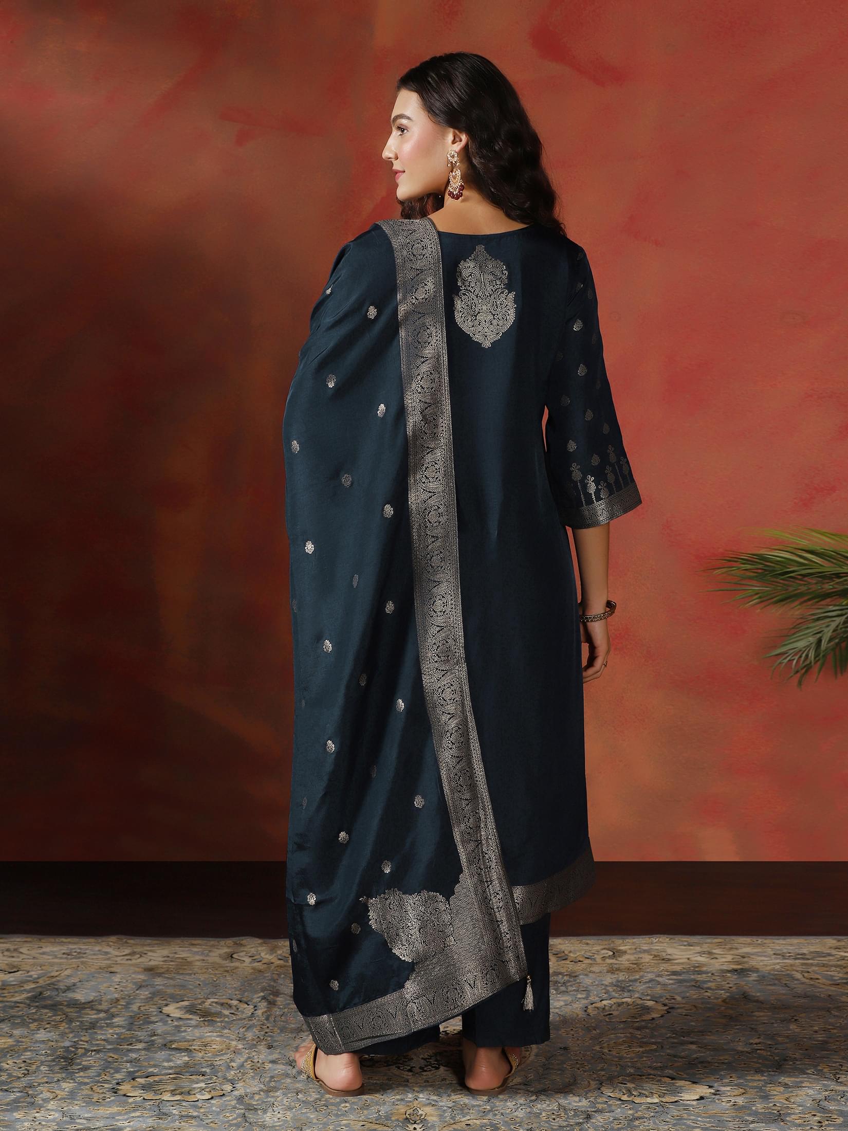 Women Dola Silk Jacquard Navy Blue Woven Kurta Comfort Pant Dupatta.