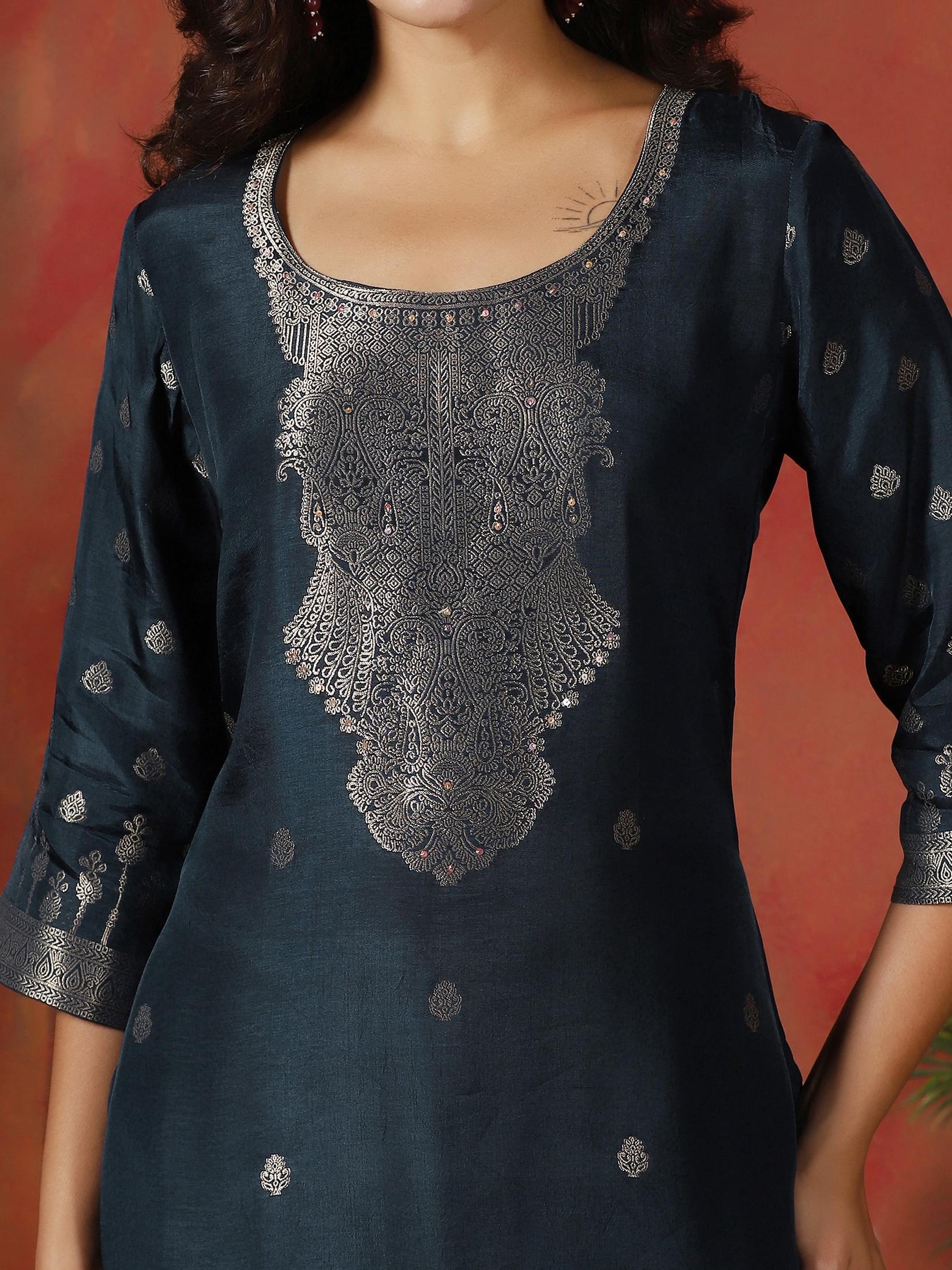 Women Dola Silk Jacquard Navy Blue Woven Kurta Comfort Pant Dupatta.