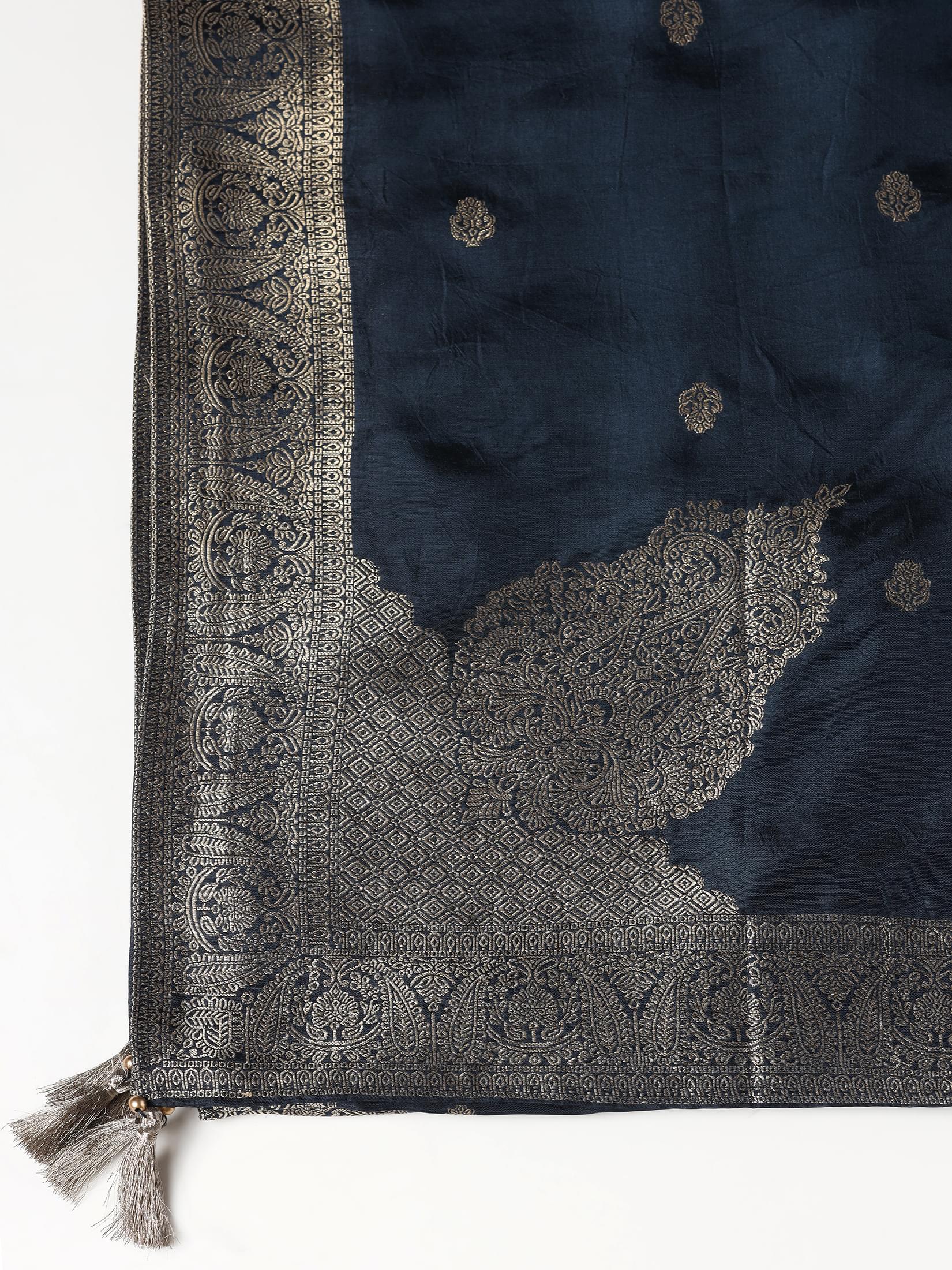 Women Dola Silk Jacquard Navy Blue Woven Kurta Comfort Pant Dupatta.