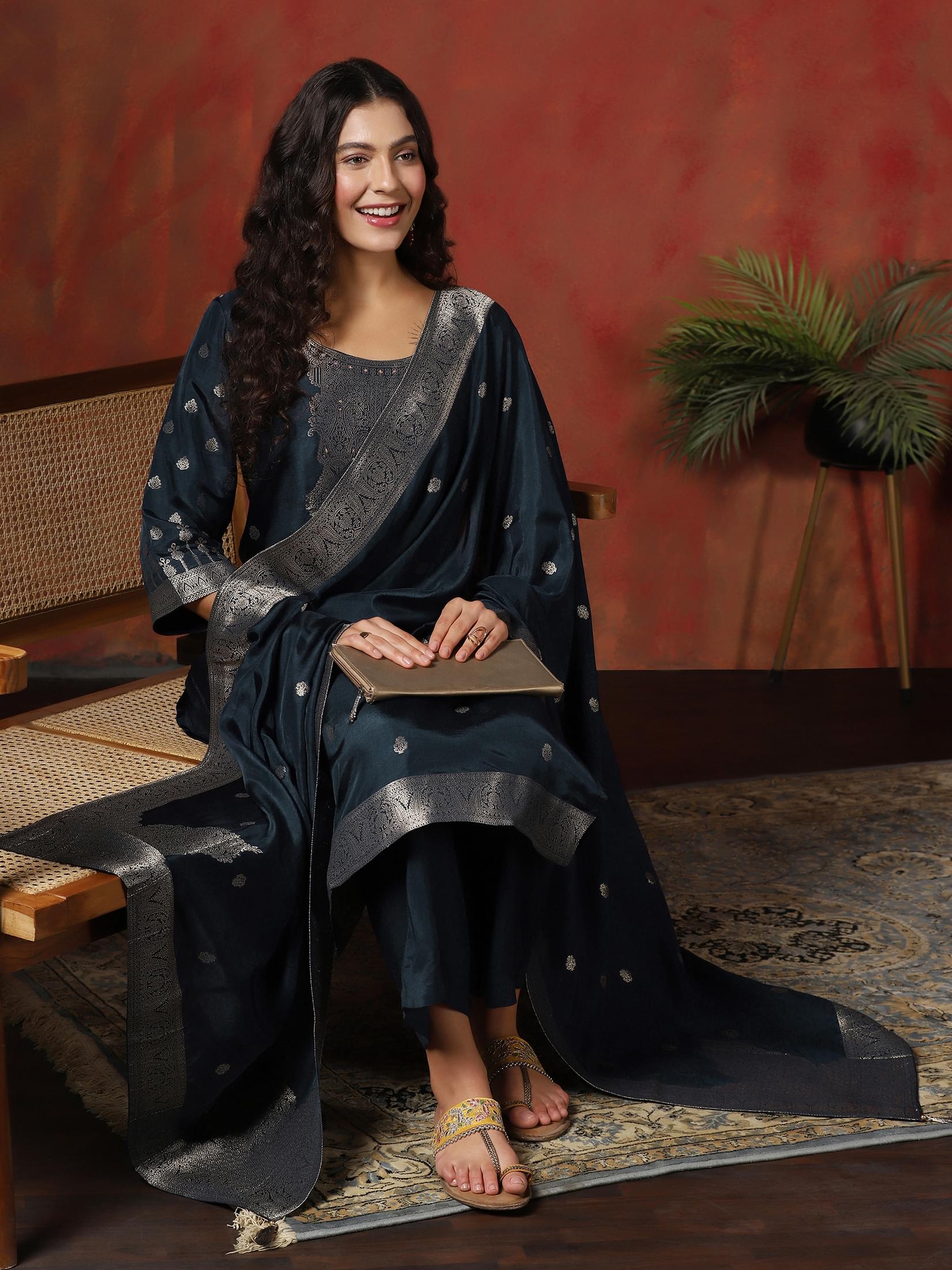 Dark navy blue woven jacquard Dola silk celebratory straight silhouette suit