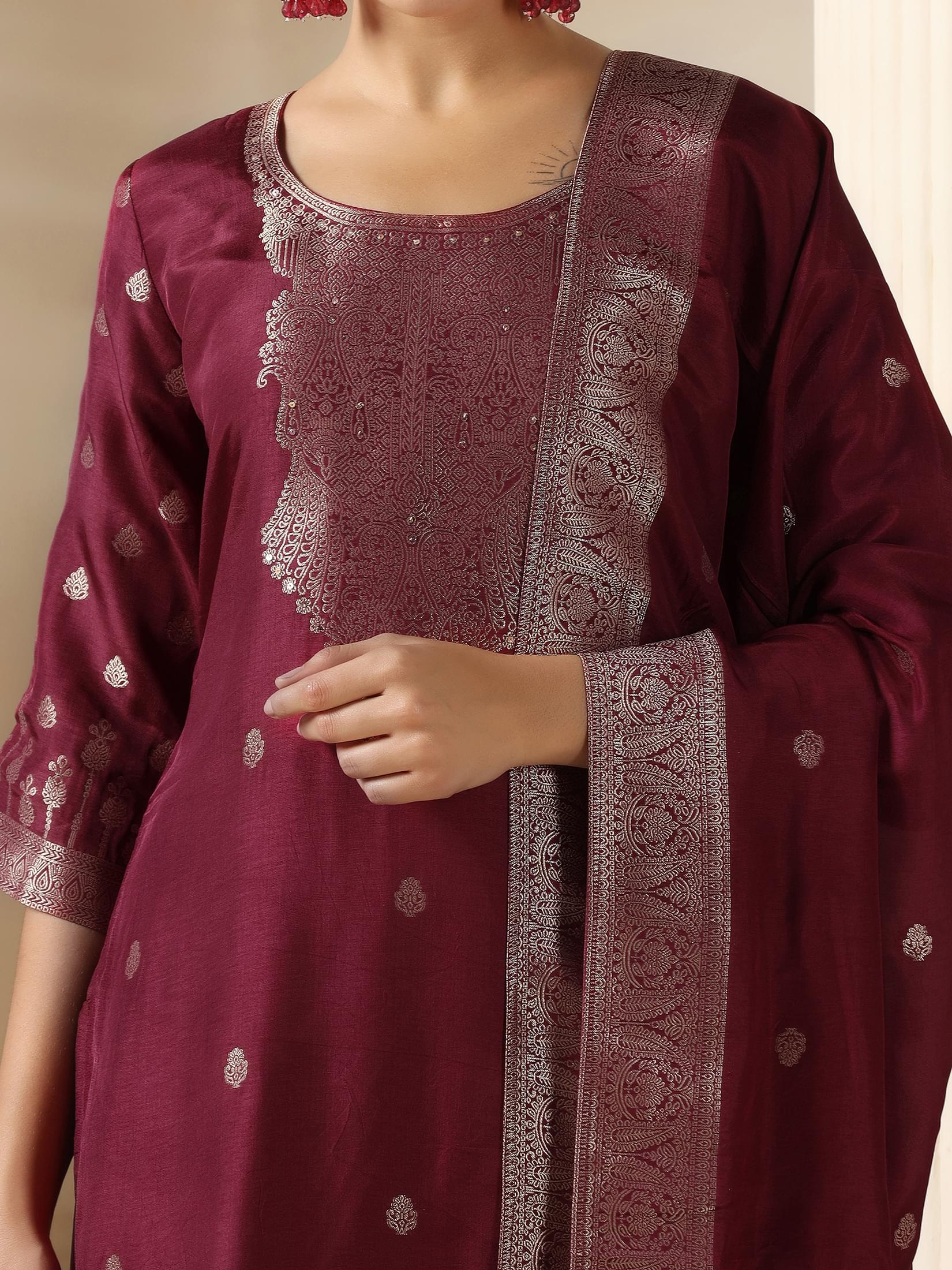 Women Dola Silk Jacquard Burgundy Woven Kurta Comfort Pant Dupatta.