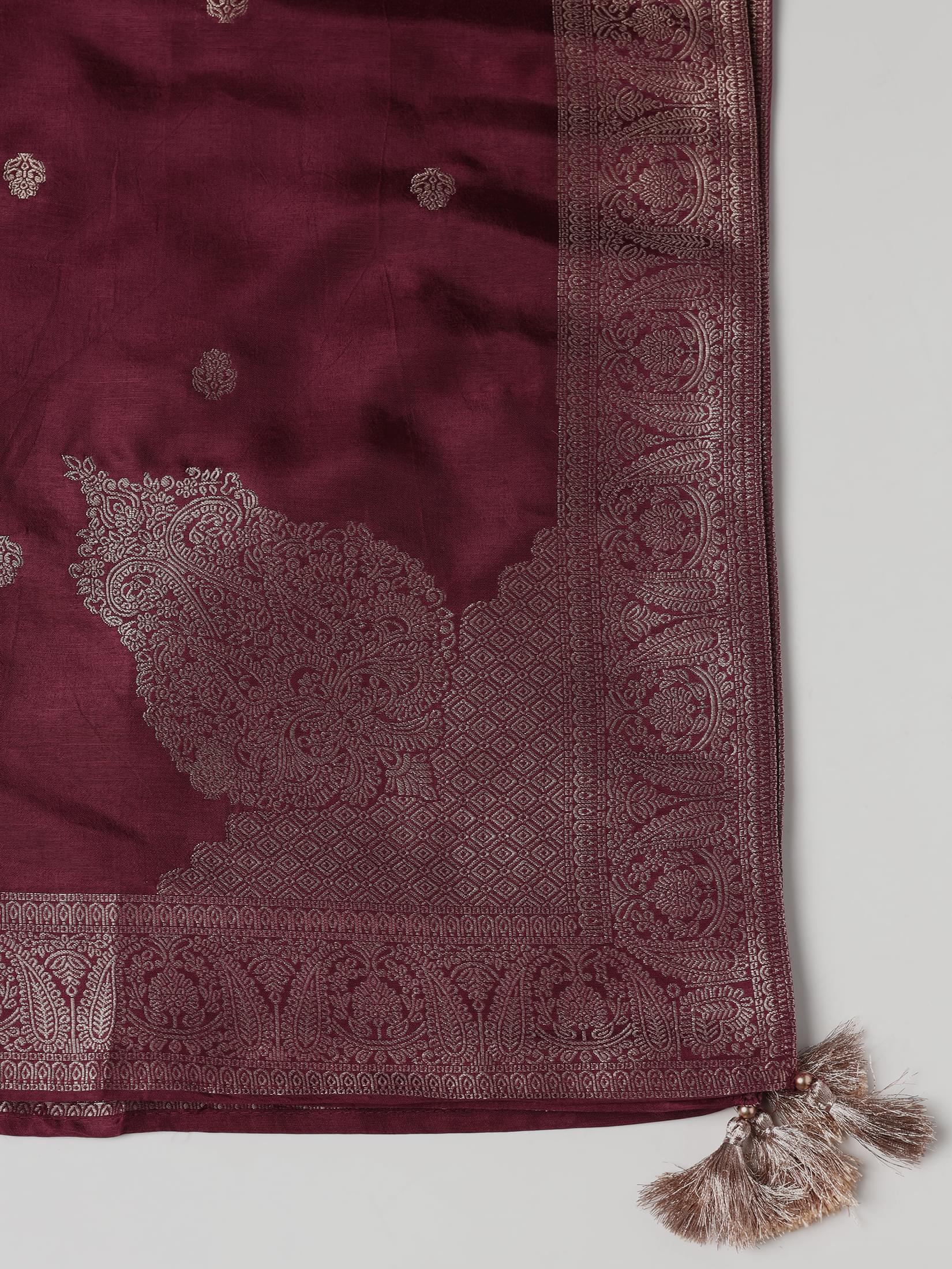 Women Dola Silk Jacquard Burgundy Woven Kurta Comfort Pant Dupatta.