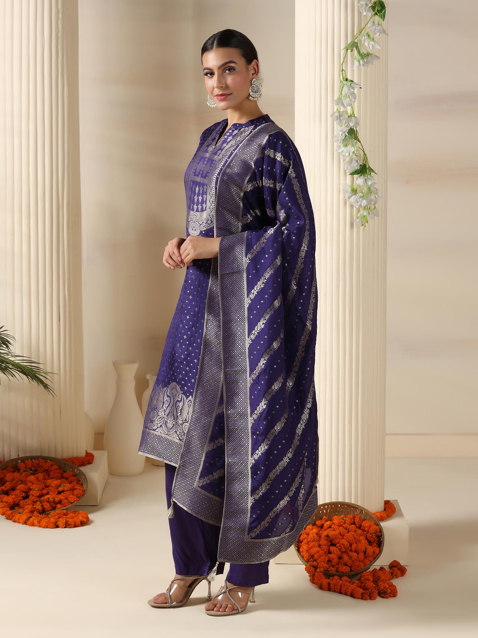 Women Dola Silk Jacquard Purple Kurta Comfort Pant Dupatta.