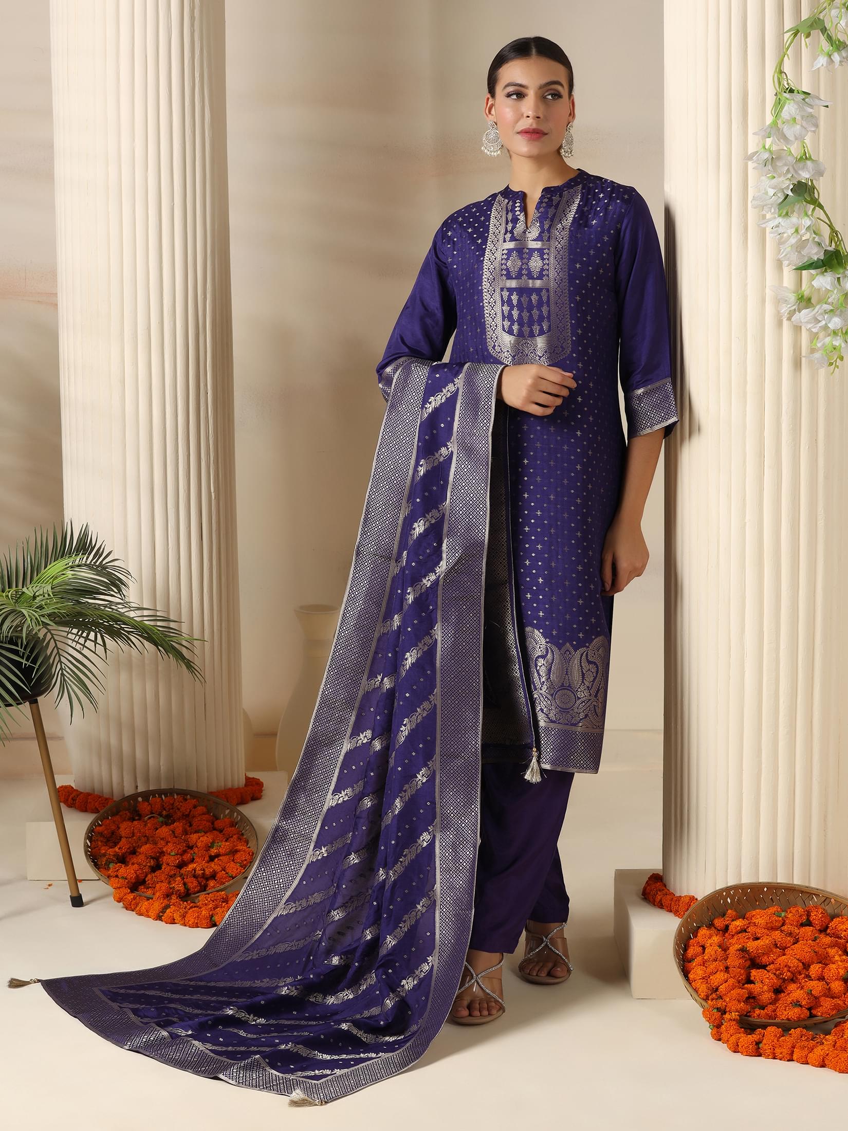 Royal purple intricate woven jacquard Dola silk festive wear traditional suit