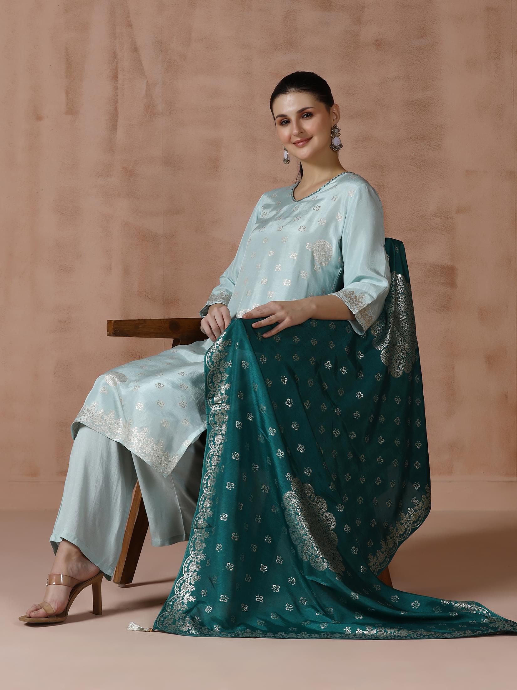 Teal turquoise blue Dola silk jacquard festive woven straight trouser suit