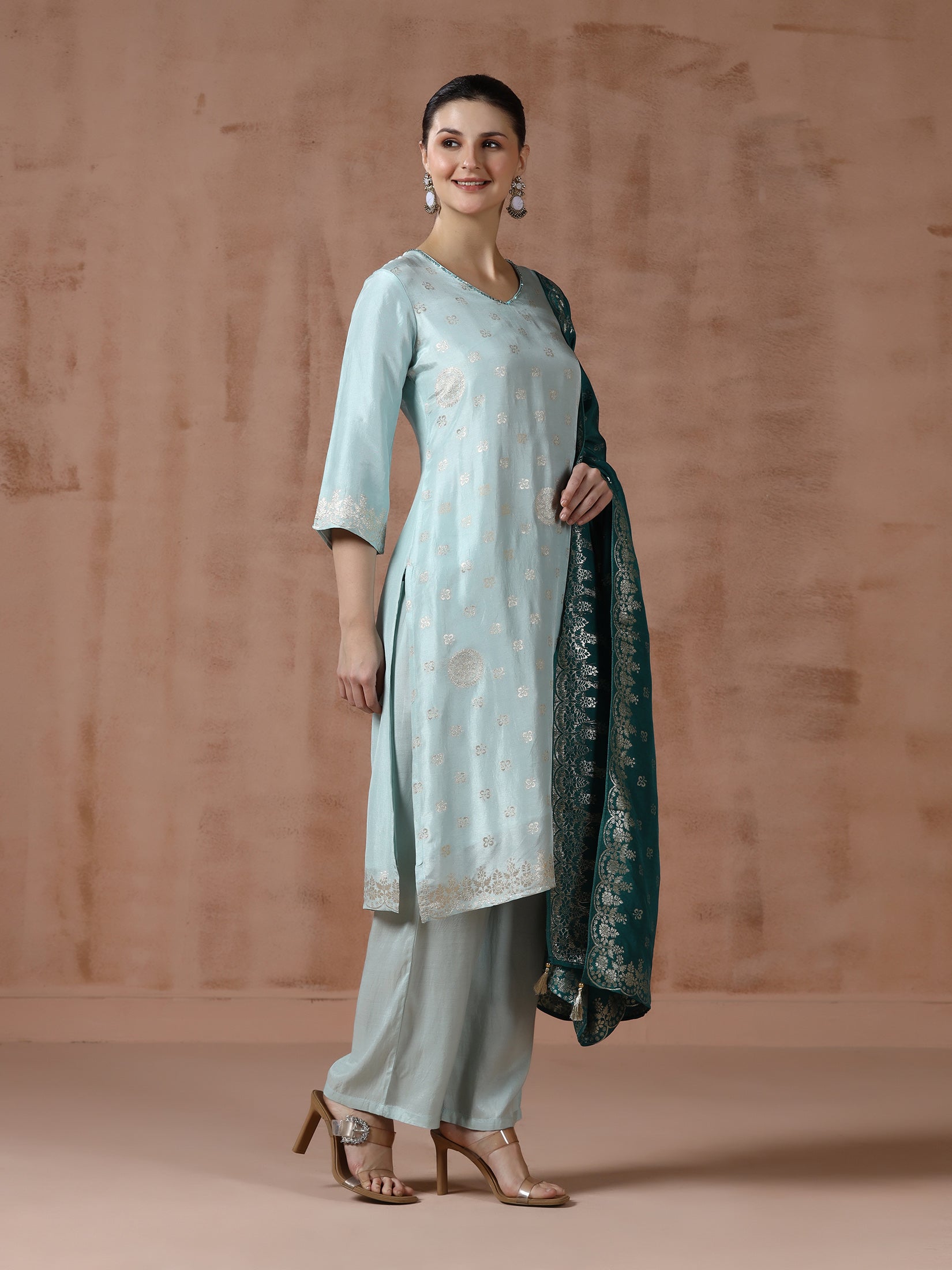 Women Dola Silk Jacquard Turquoise Blue Woven Kurta Comfort Pant Dupatta