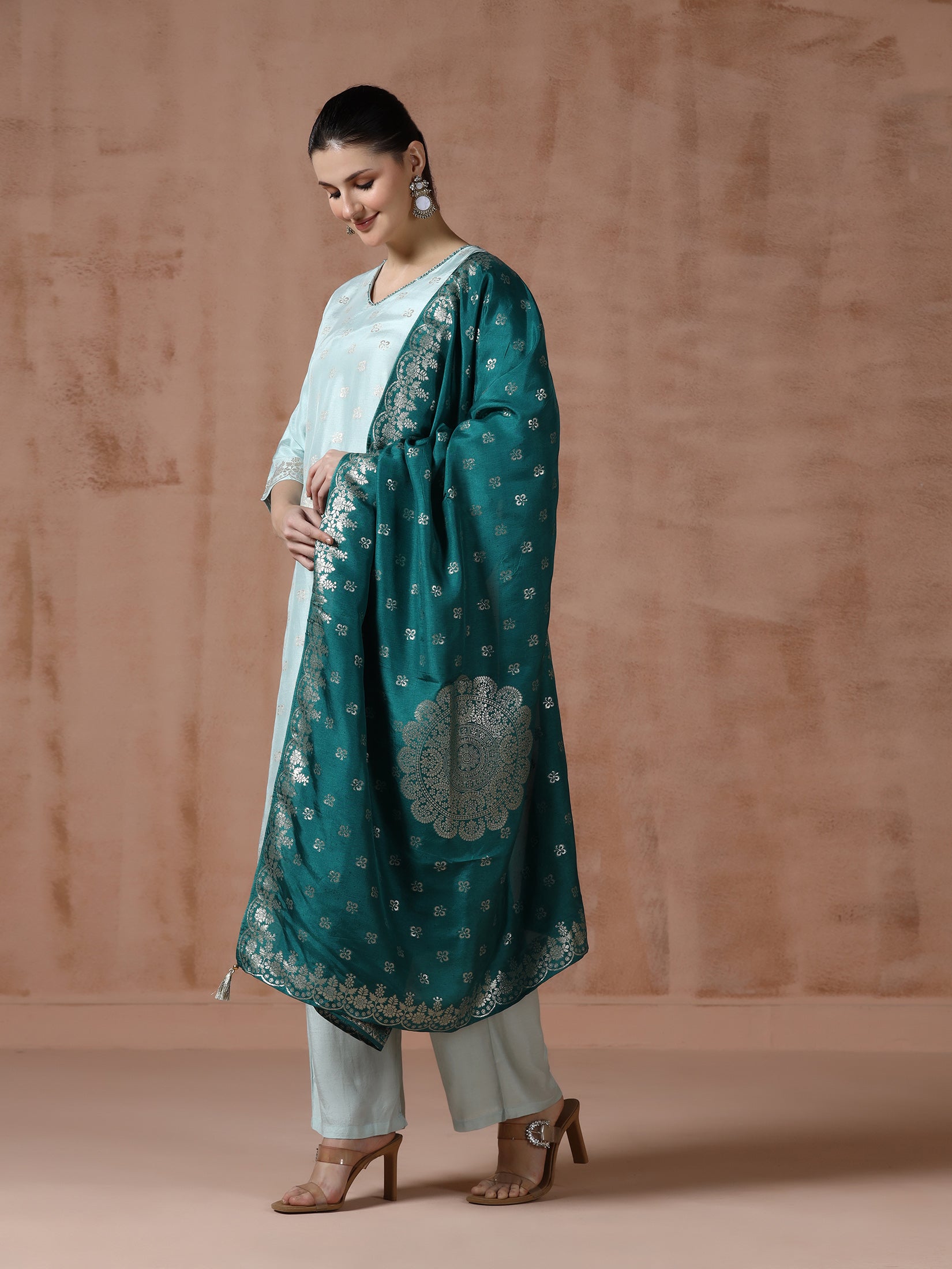 Women Dola Silk Jacquard Turquoise Blue Woven Kurta Comfort Pant Dupatta