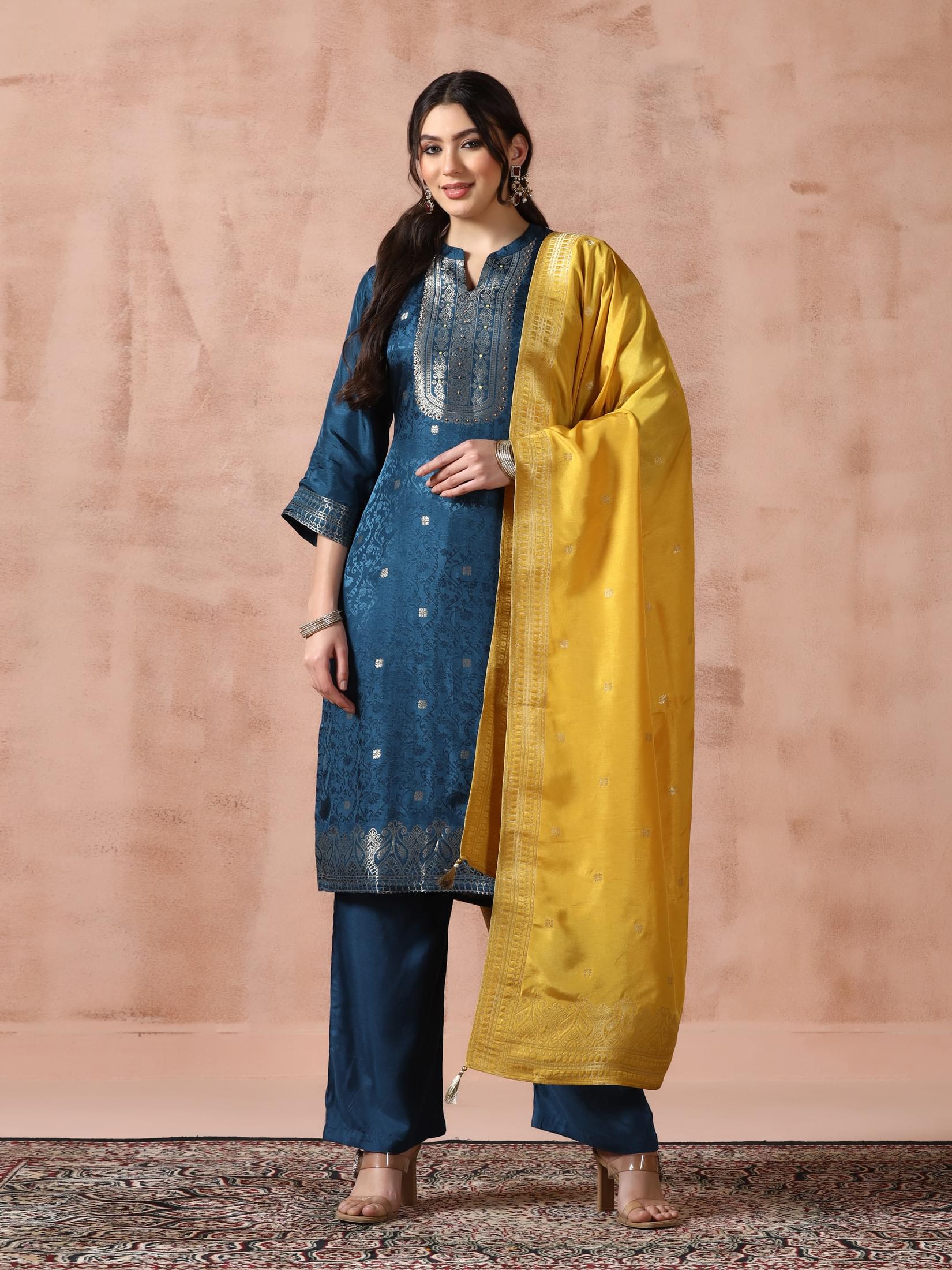 Women Dola Silk Jacquard Peacock Blue Woven Kurta Comfort Pant Dupatta.