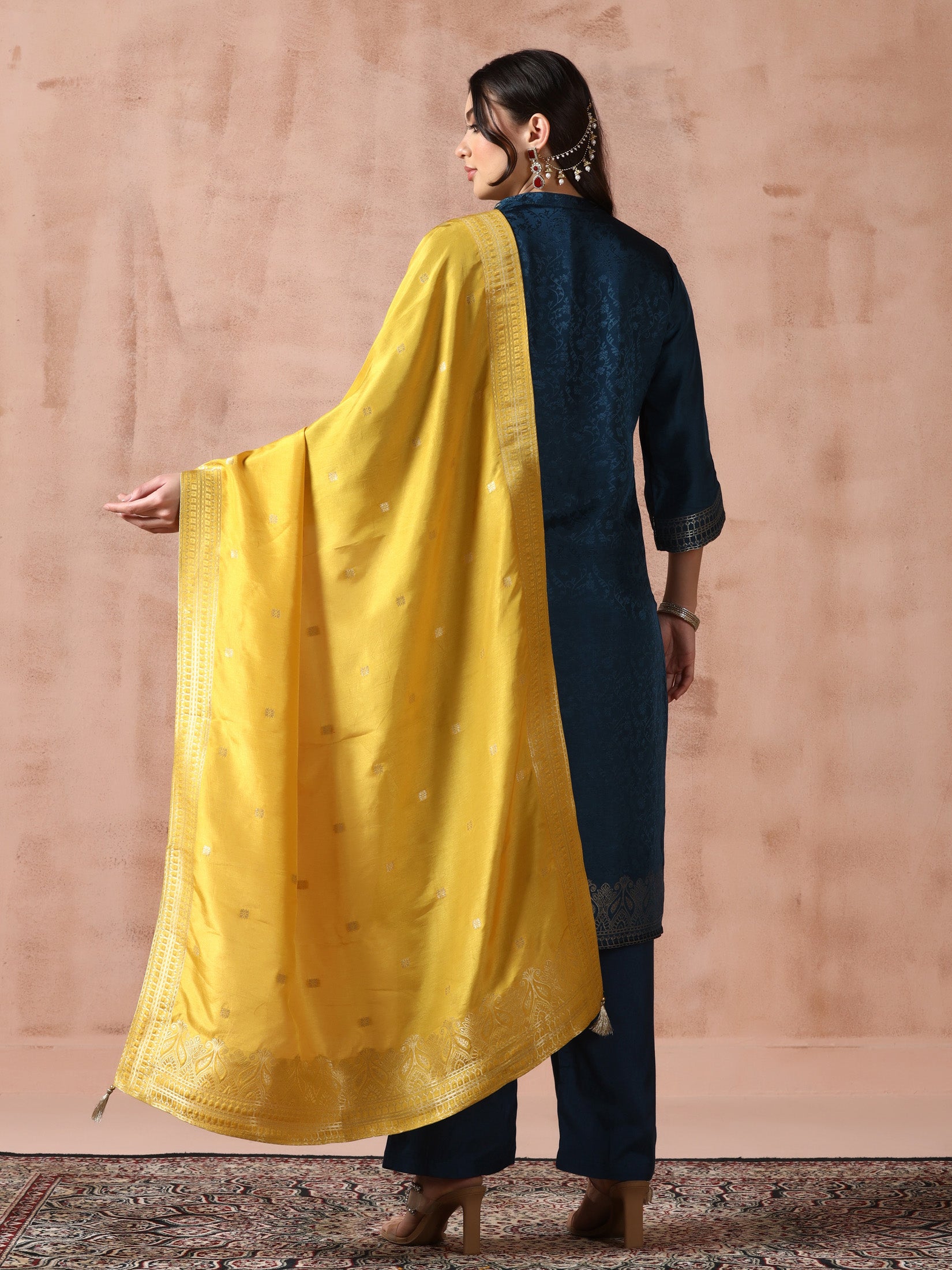 Women Dola Silk Jacquard Peacock Blue Woven Kurta Comfort Pant Dupatta